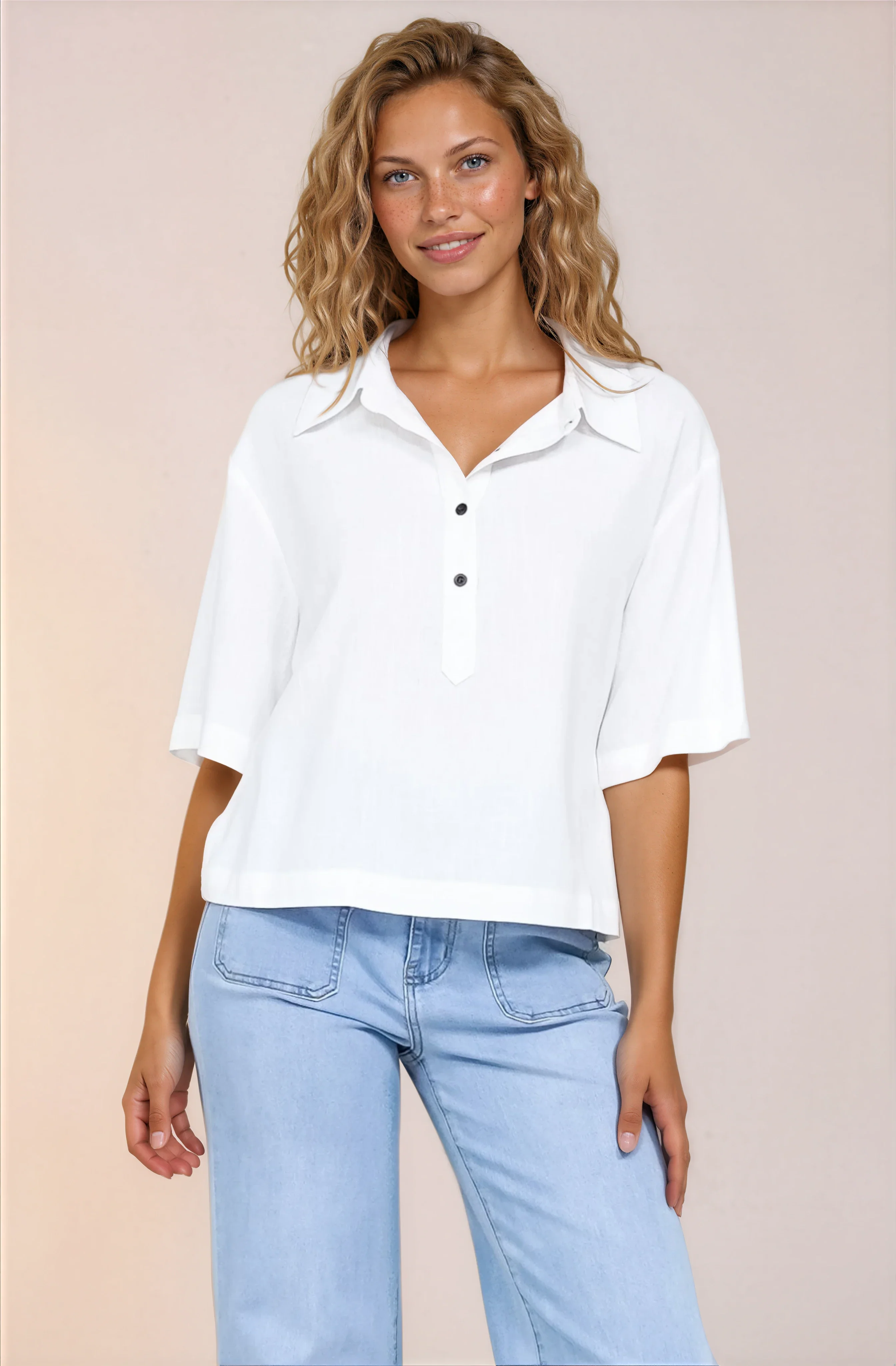 Solana Top - Collared Buttoned Neckline Boxy Tee in White - Image 3