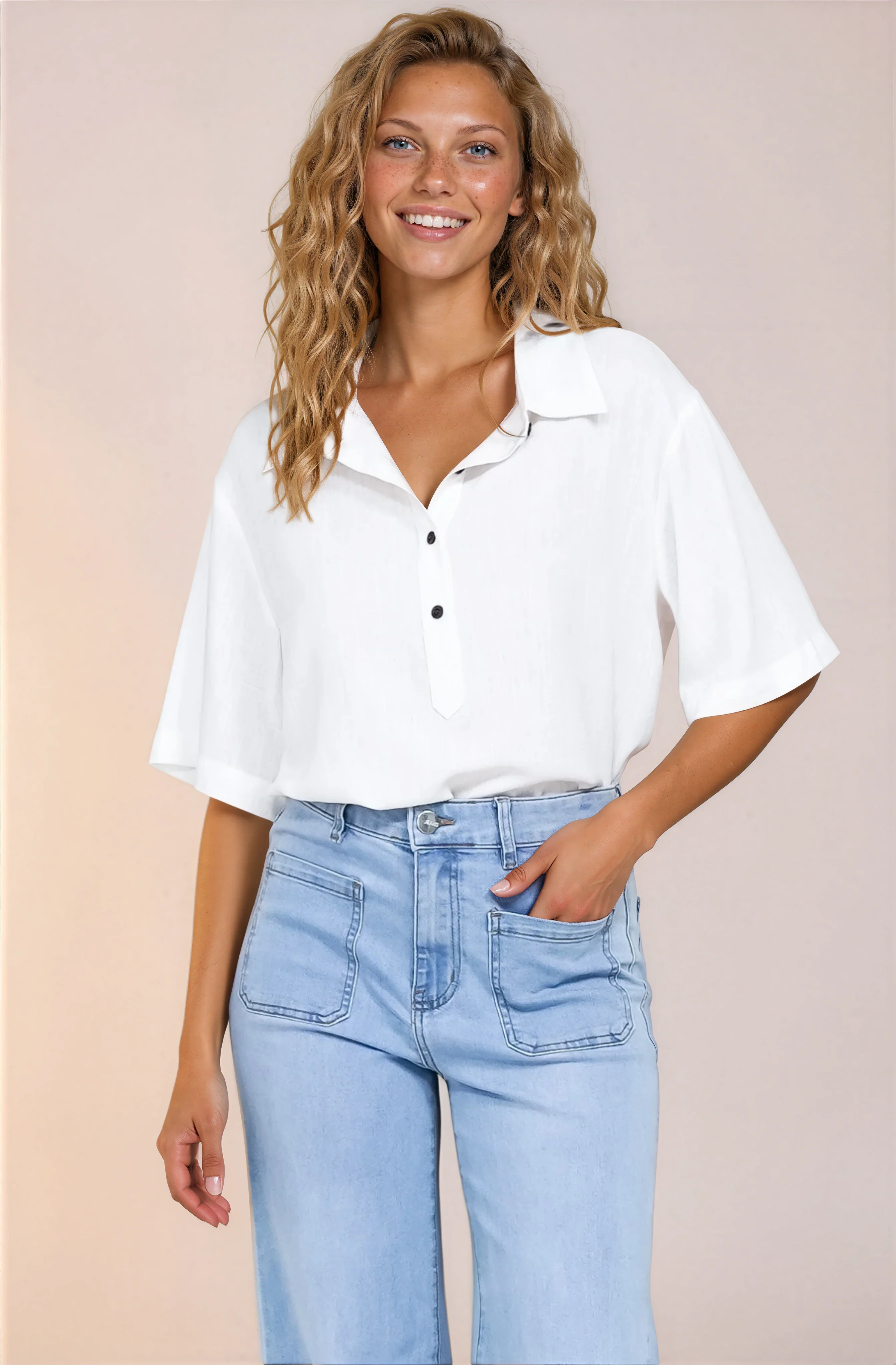 Solana Top - Collared Buttoned Neckline Boxy Tee in White - Image 4