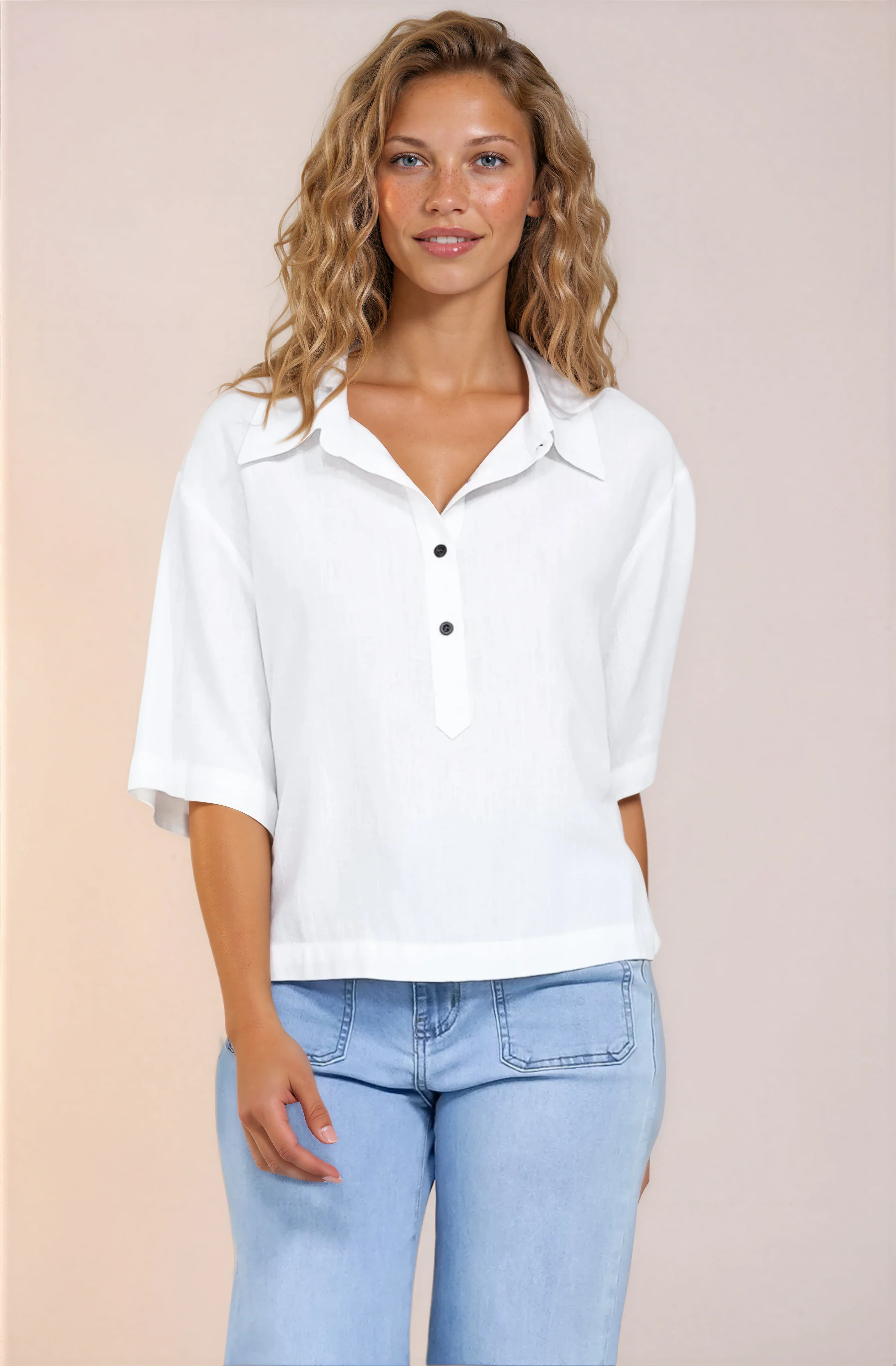 Solana Top - Collared Buttoned Neckline Boxy Tee in White - Image 5