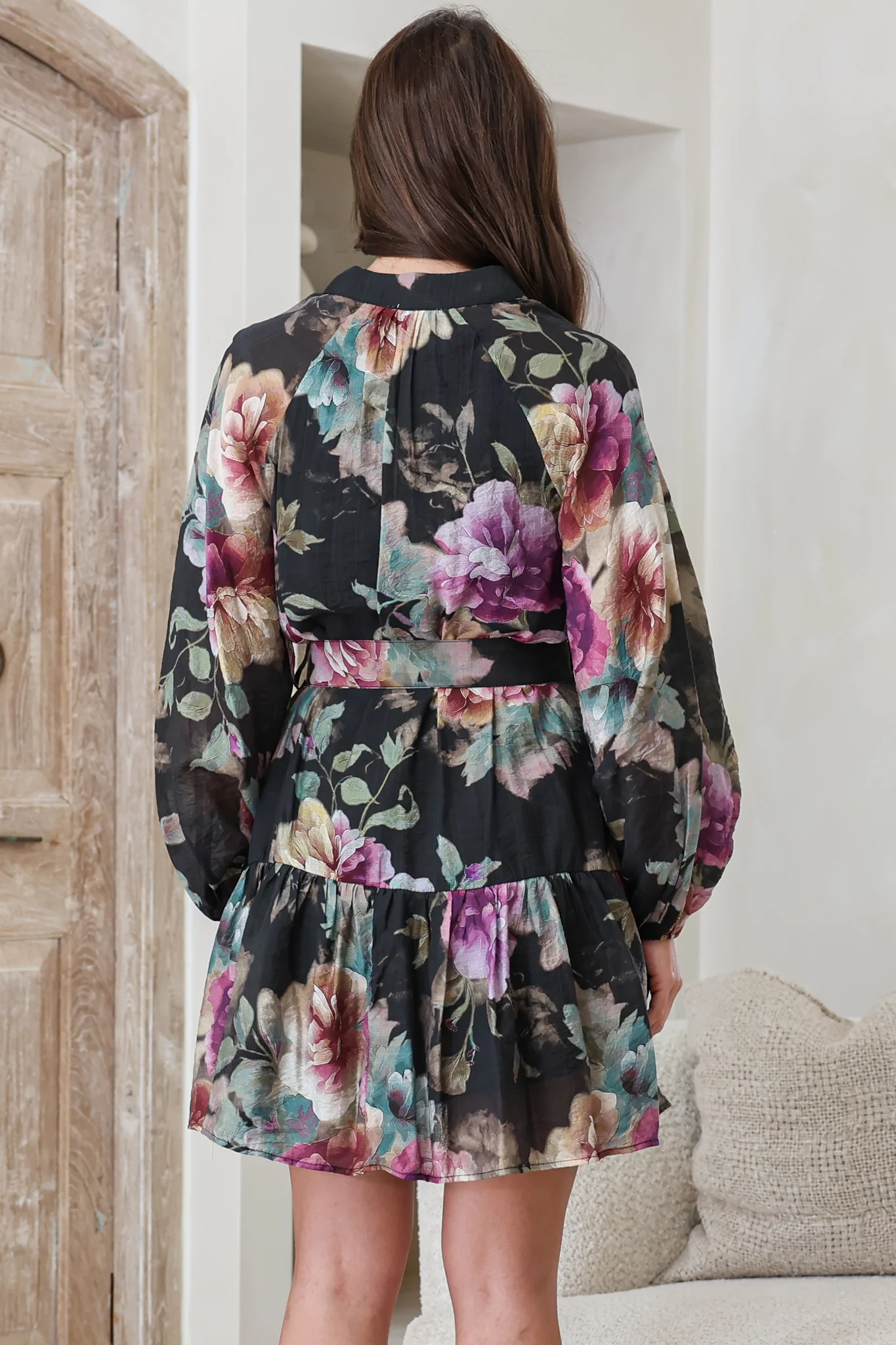 Solange Mini Dress - High Collar Front Button Placket Tiered Dress with Belt in Scandalous Print - Image 8