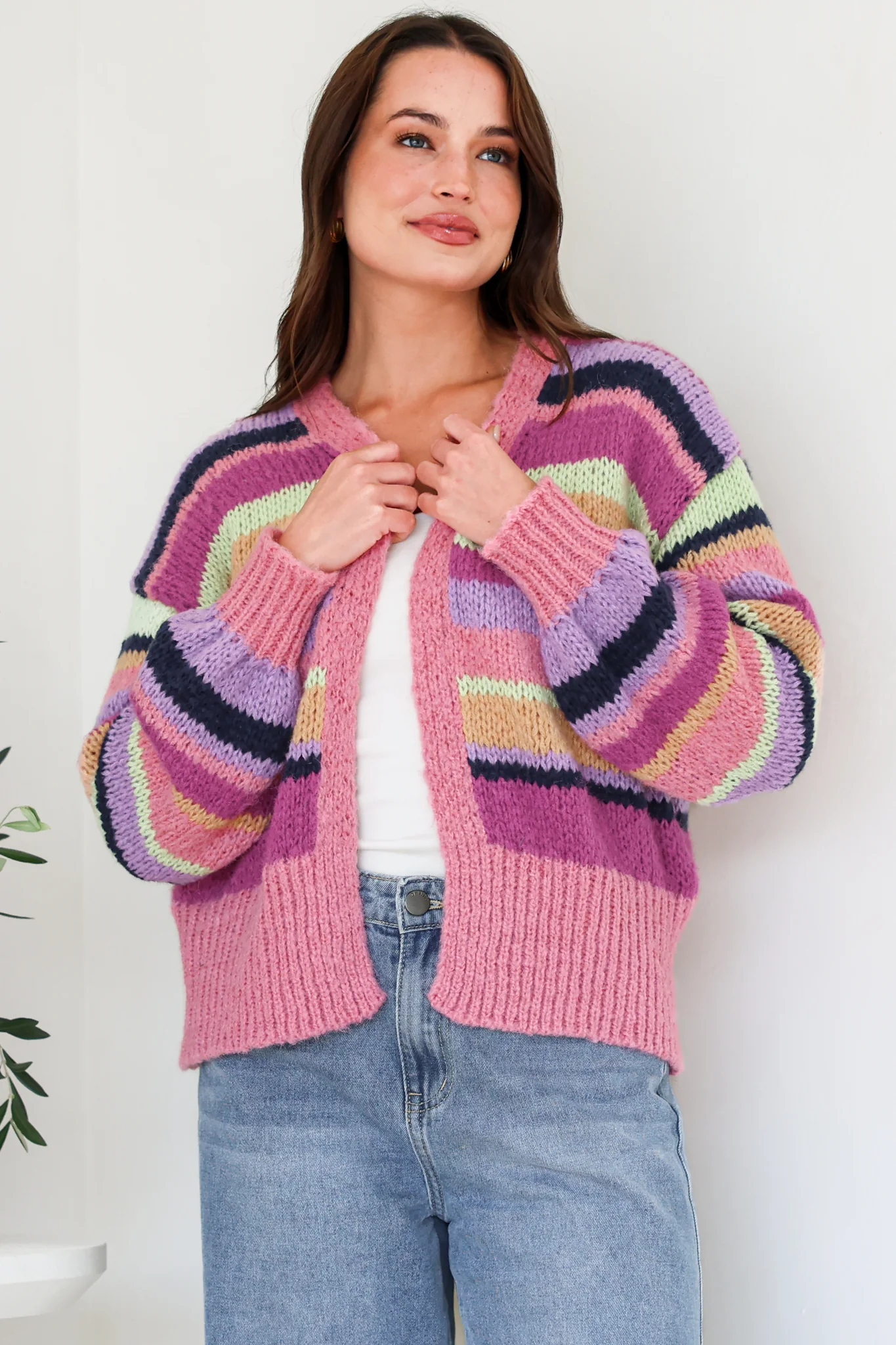 Soren Cardigan - Open Front Striped Knit with Rib Knit Trim in Multicoloured - Image 2
