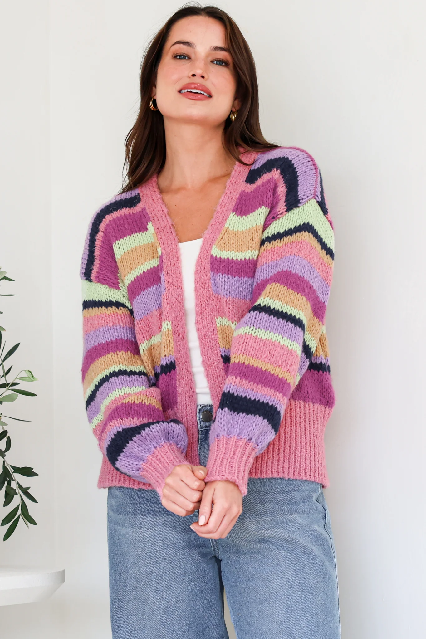 Soren Cardigan - Open Front Striped Knit with Rib Knit Trim in Multicoloured - Image 3