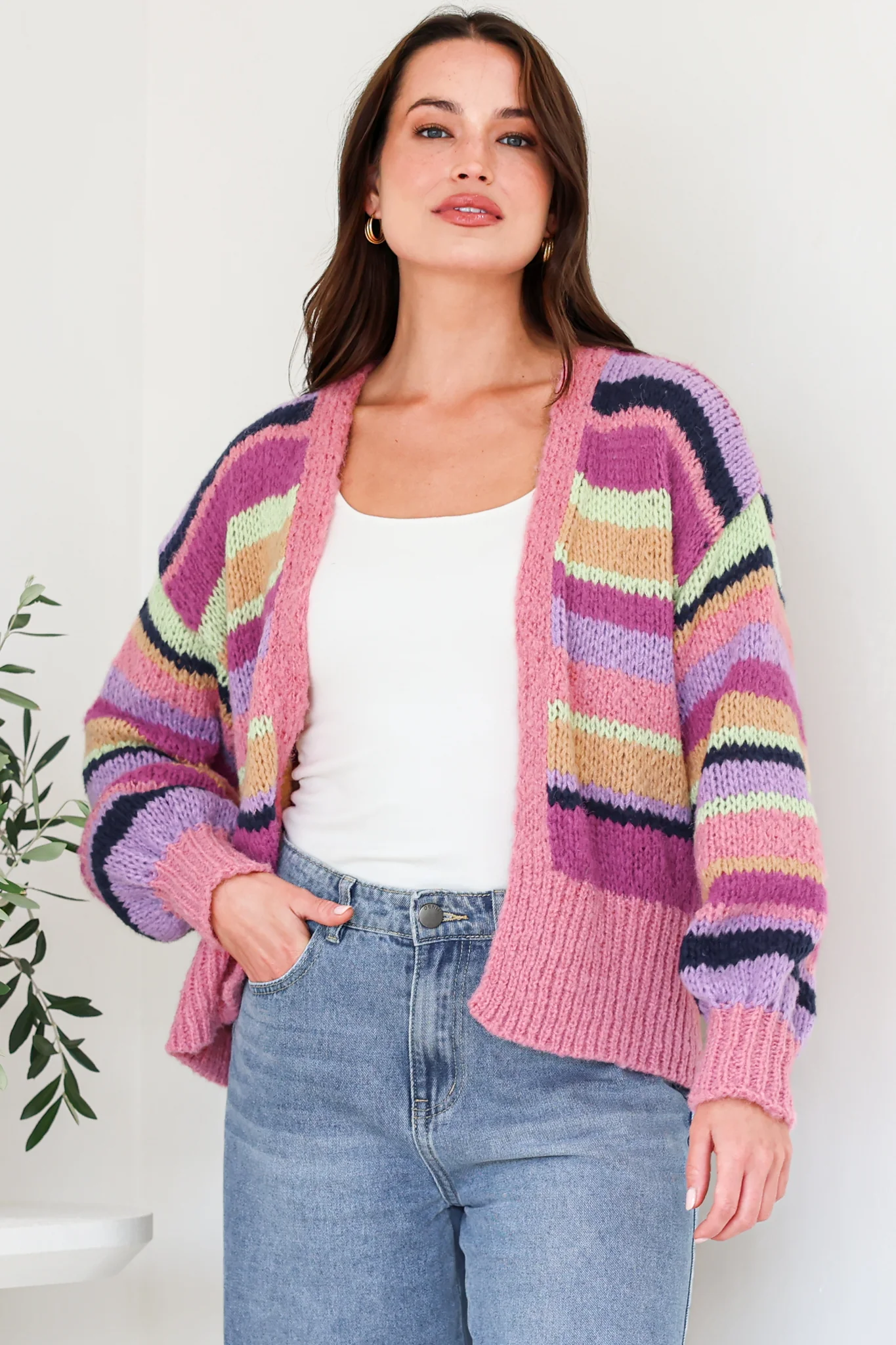 Soren Cardigan - Open Front Striped Knit with Rib Knit Trim in Multicoloured - Image 4