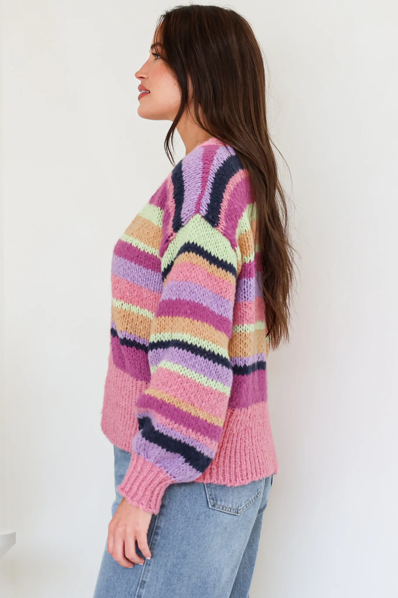 Soren Cardigan - Open Front Striped Knit with Rib Knit Trim in Multicoloured - Image 5