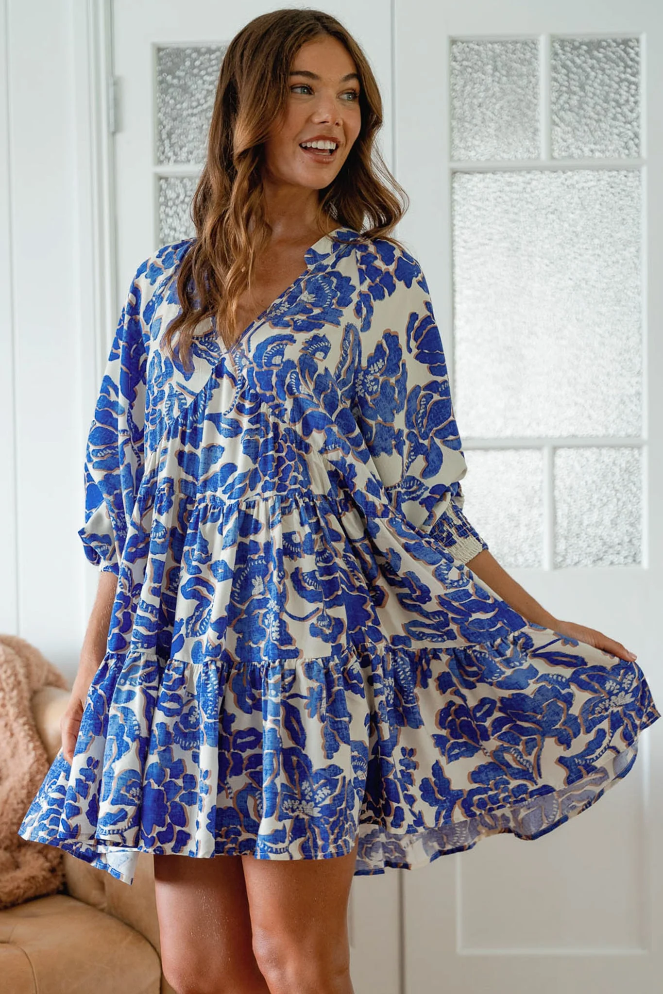 JAASE - Soul Mini Dress: Mandarin Collar V Neck Long Sleeve Smock Dress in the Indigo Bloom Print - Image 2