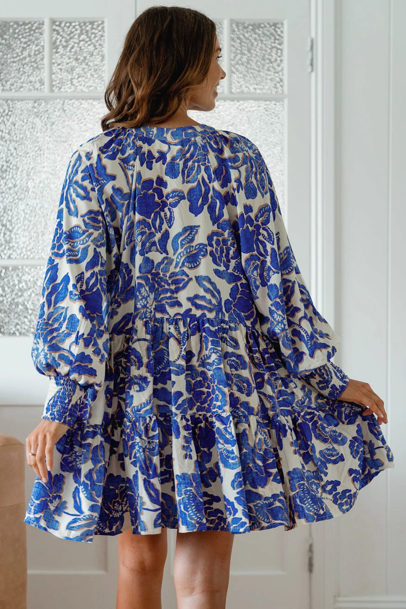 JAASE - Soul Mini Dress: Mandarin Collar V Neck Long Sleeve Smock Dress in the Indigo Bloom Print - Image 4