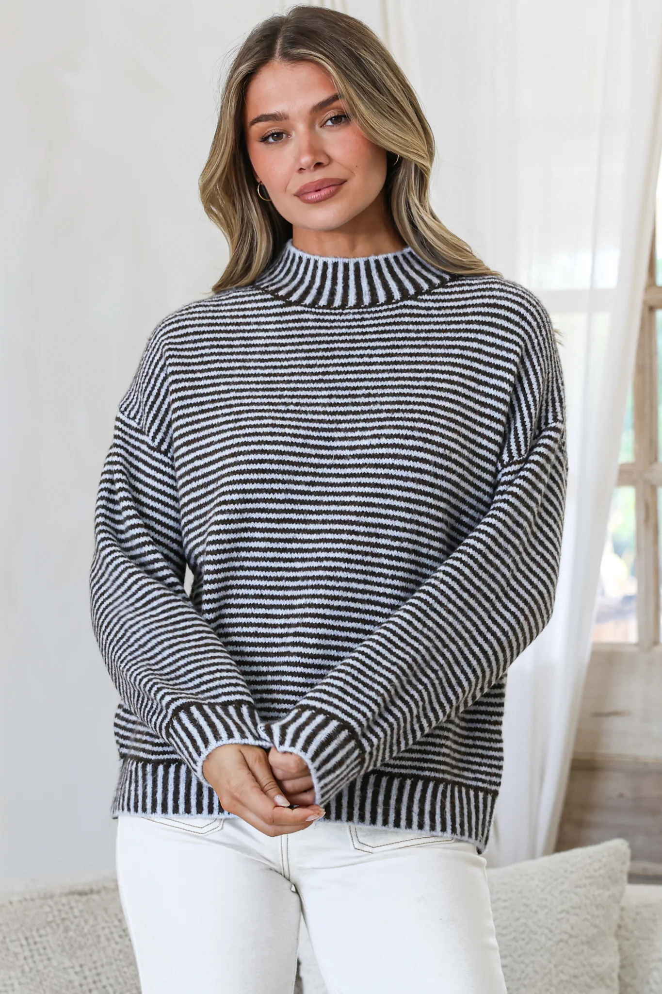 Stellan Jumper - Mock Neck Striped Ribbed Hem Knit in Blue/Chocolate - Image 2