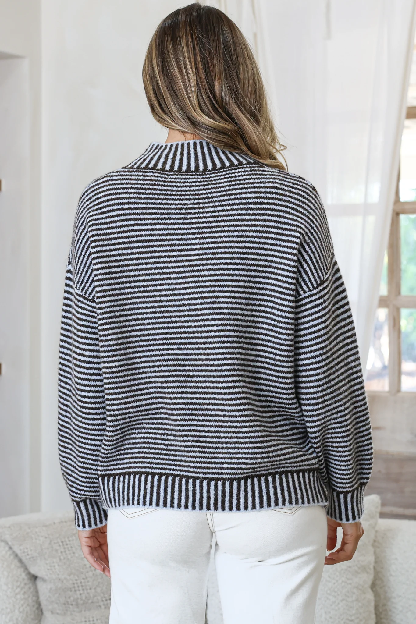 Stellan Jumper - Mock Neck Striped Ribbed Hem Knit in Blue/Chocolate - Image 7