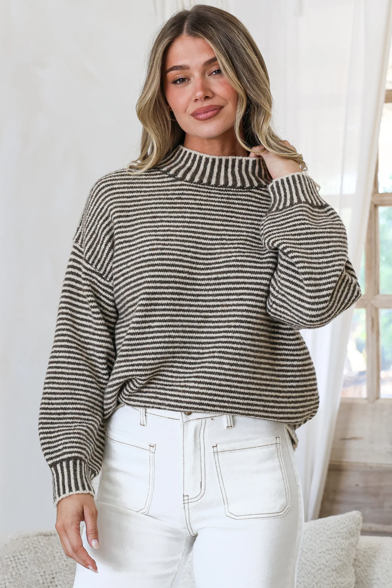 Stellan Jumper - Mock Neck Striped Ribbed Hem Knit in Cream/Chocolate - Image 3