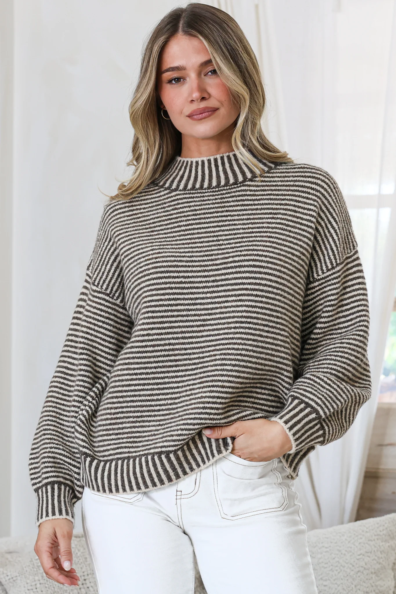 Stellan Jumper - Mock Neck Striped Ribbed Hem Knit in Cream/Chocolate - Image 4