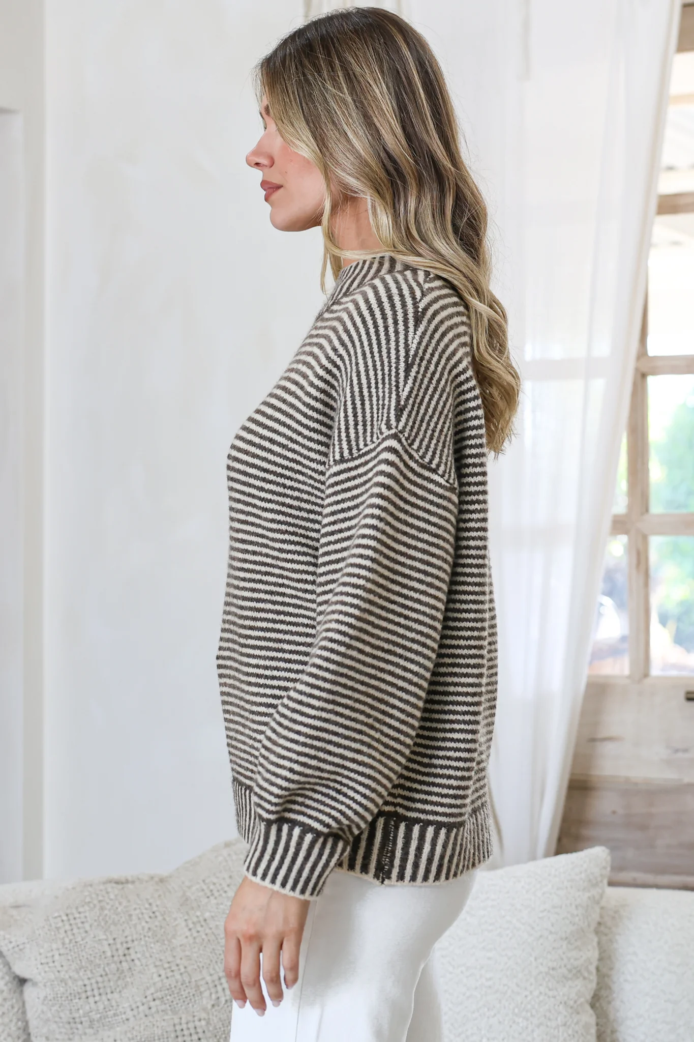 Stellan Jumper - Mock Neck Striped Ribbed Hem Knit in Cream/Chocolate - Image 6