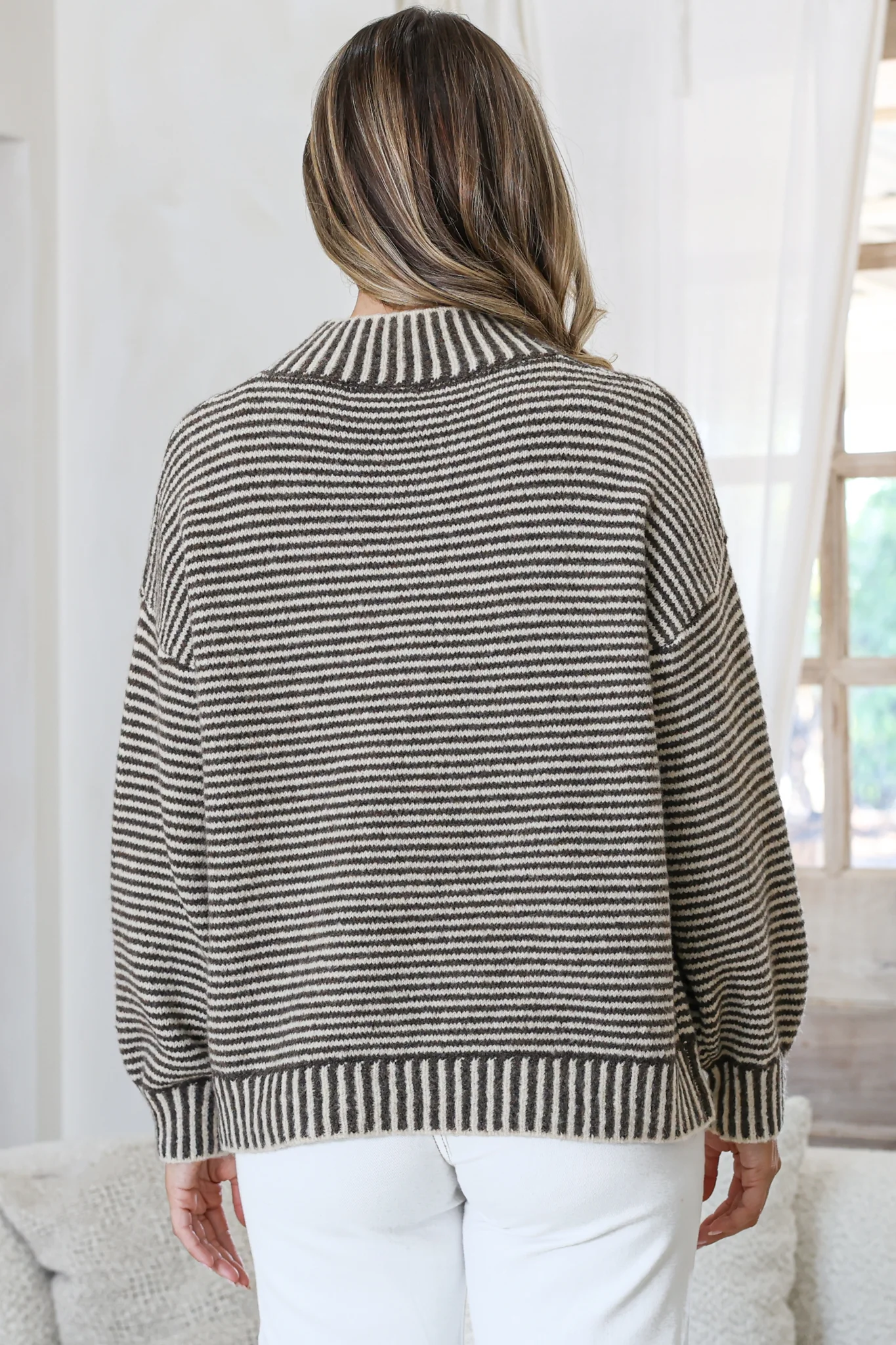 Stellan Jumper - Mock Neck Striped Ribbed Hem Knit in Cream/Chocolate - Image 7