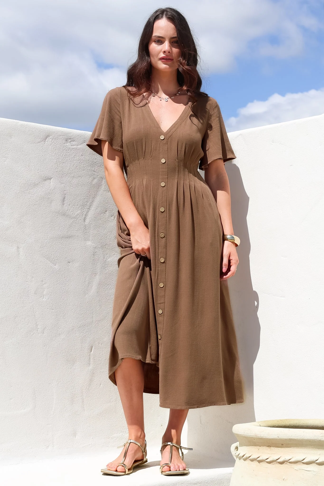 Stellar Midi Dress - Flutter Sleeve A-Line Dress with Pin Tuck Waist Detail in Chocolate - Image 2