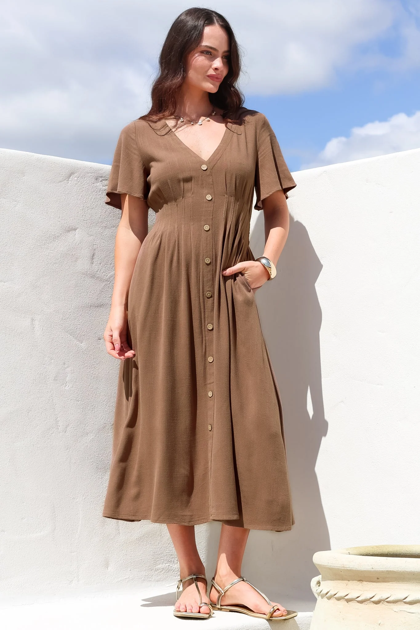 Stellar Midi Dress - Flutter Sleeve A-Line Dress with Pin Tuck Waist Detail in Chocolate - Image 5
