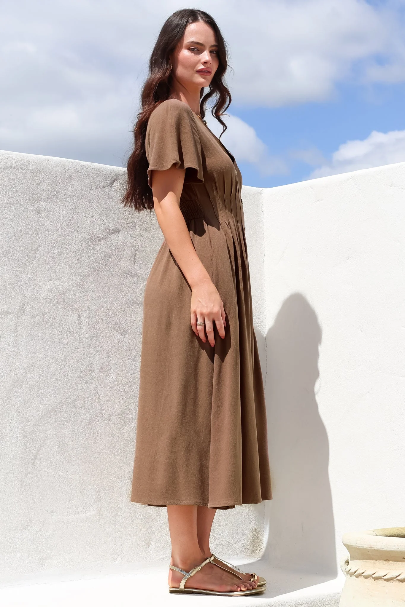 Stellar Midi Dress - Flutter Sleeve A-Line Dress with Pin Tuck Waist Detail in Chocolate - Image 8