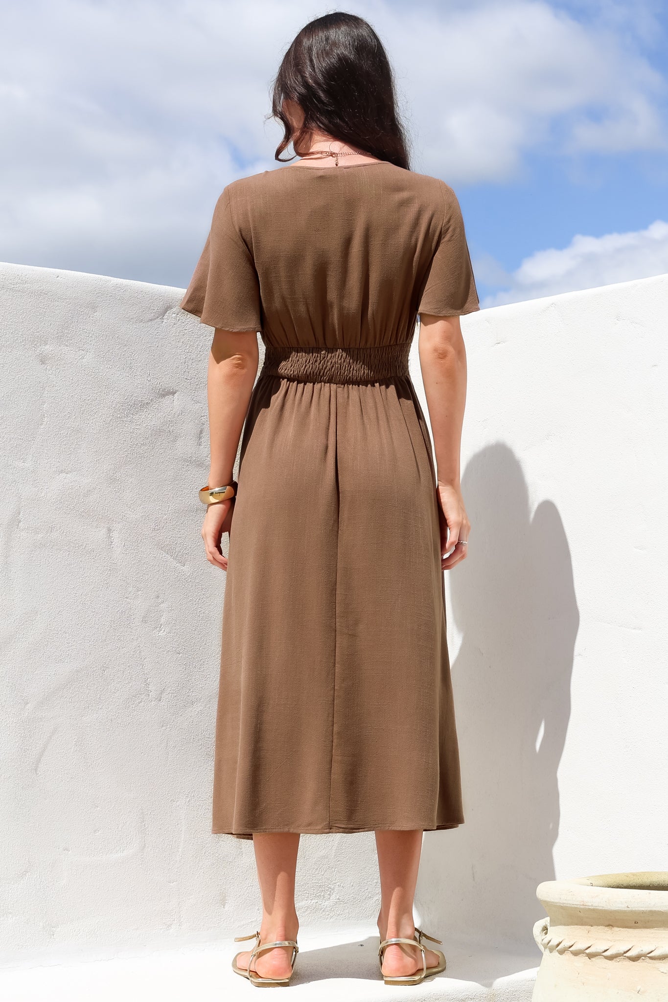 Stellar Midi Dress - Flutter Sleeve A-Line Dress with Pin Tuck Waist Detail in Chocolate - Image 9
