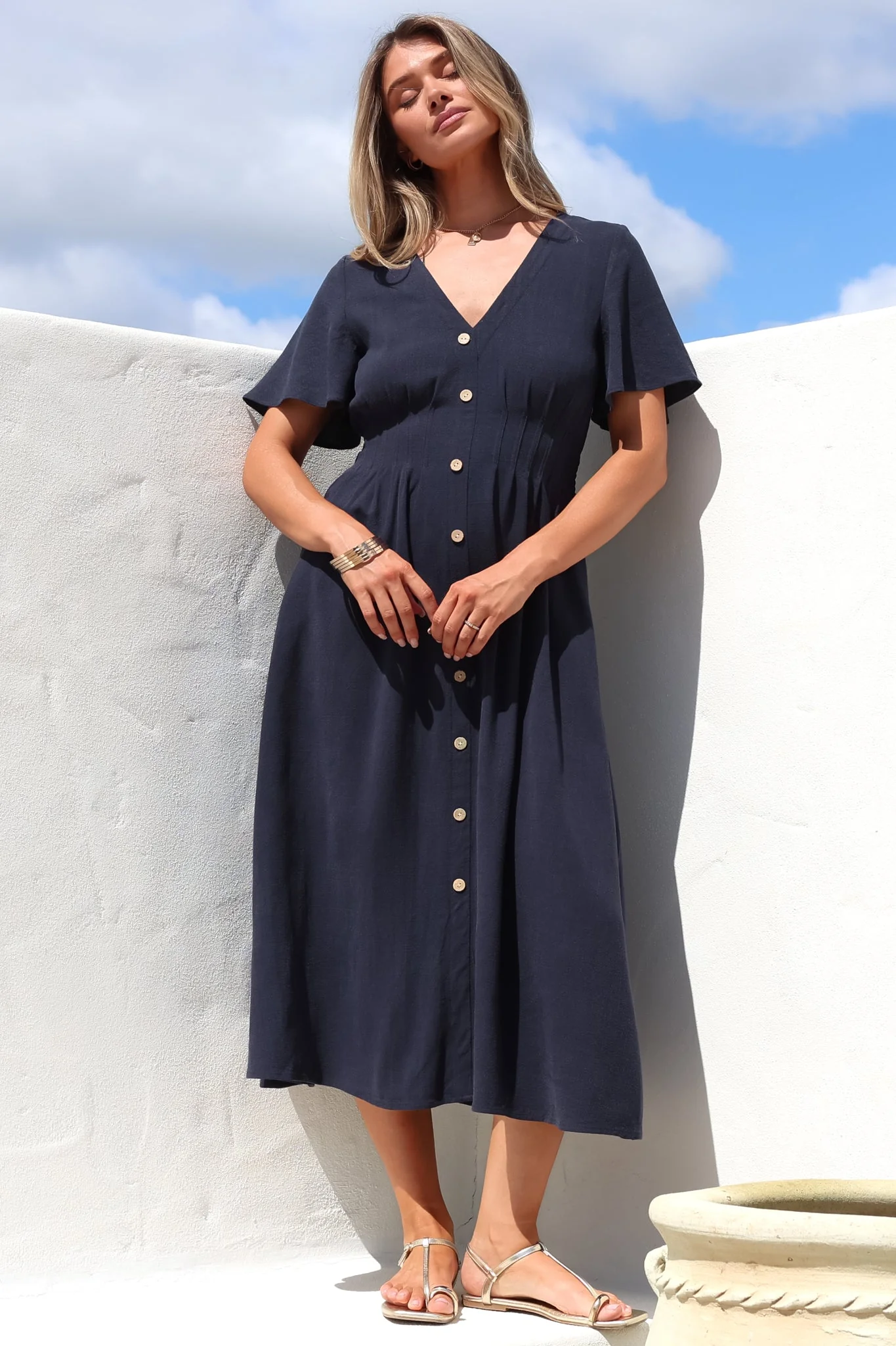 Stellar Midi Dress - Flutter Sleeve A-Line Dress with Pin Tuck Waist Detail in Navy - Image 2