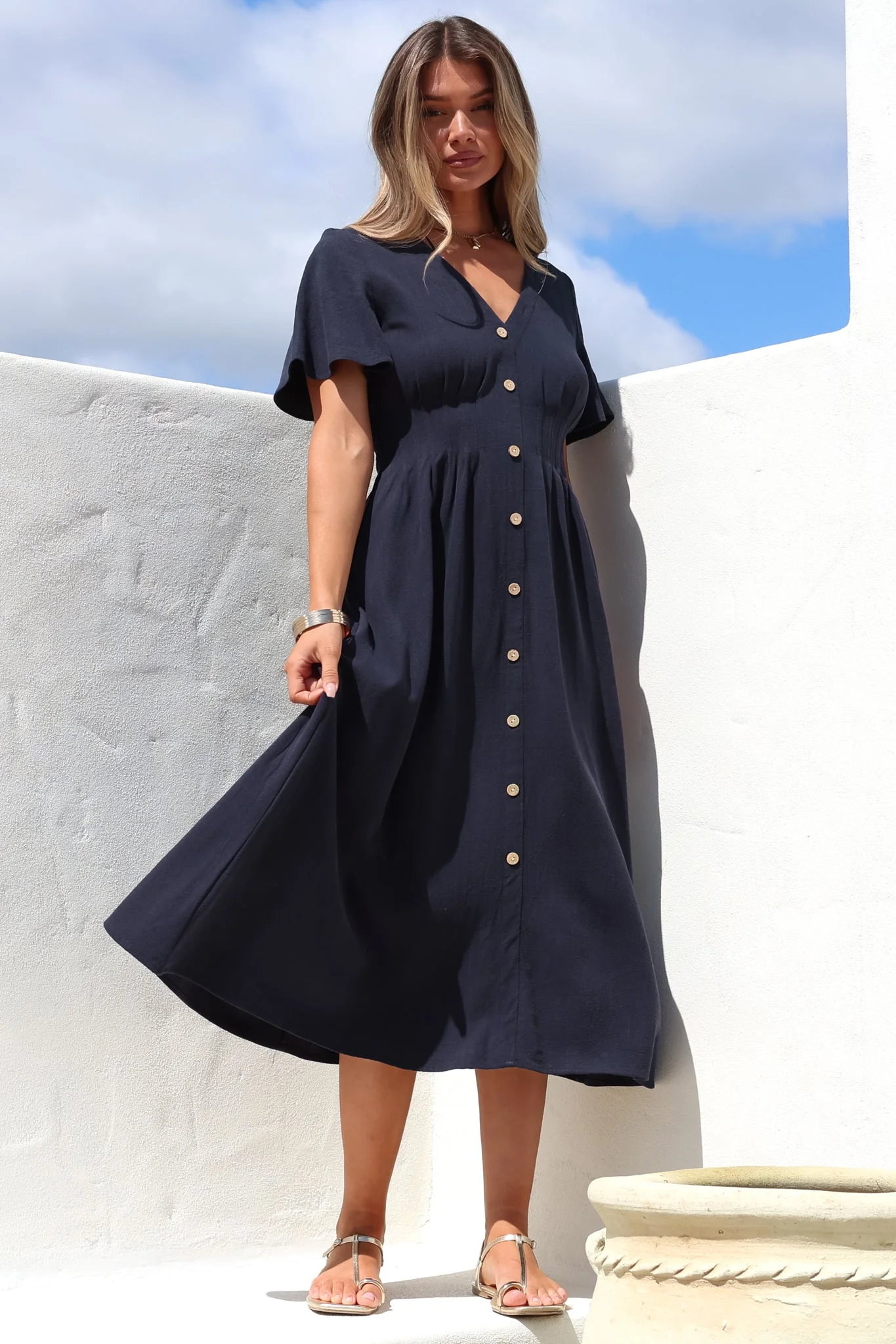 Stellar Midi Dress - Flutter Sleeve A-Line Dress with Pin Tuck Waist Detail in Navy - Image 3