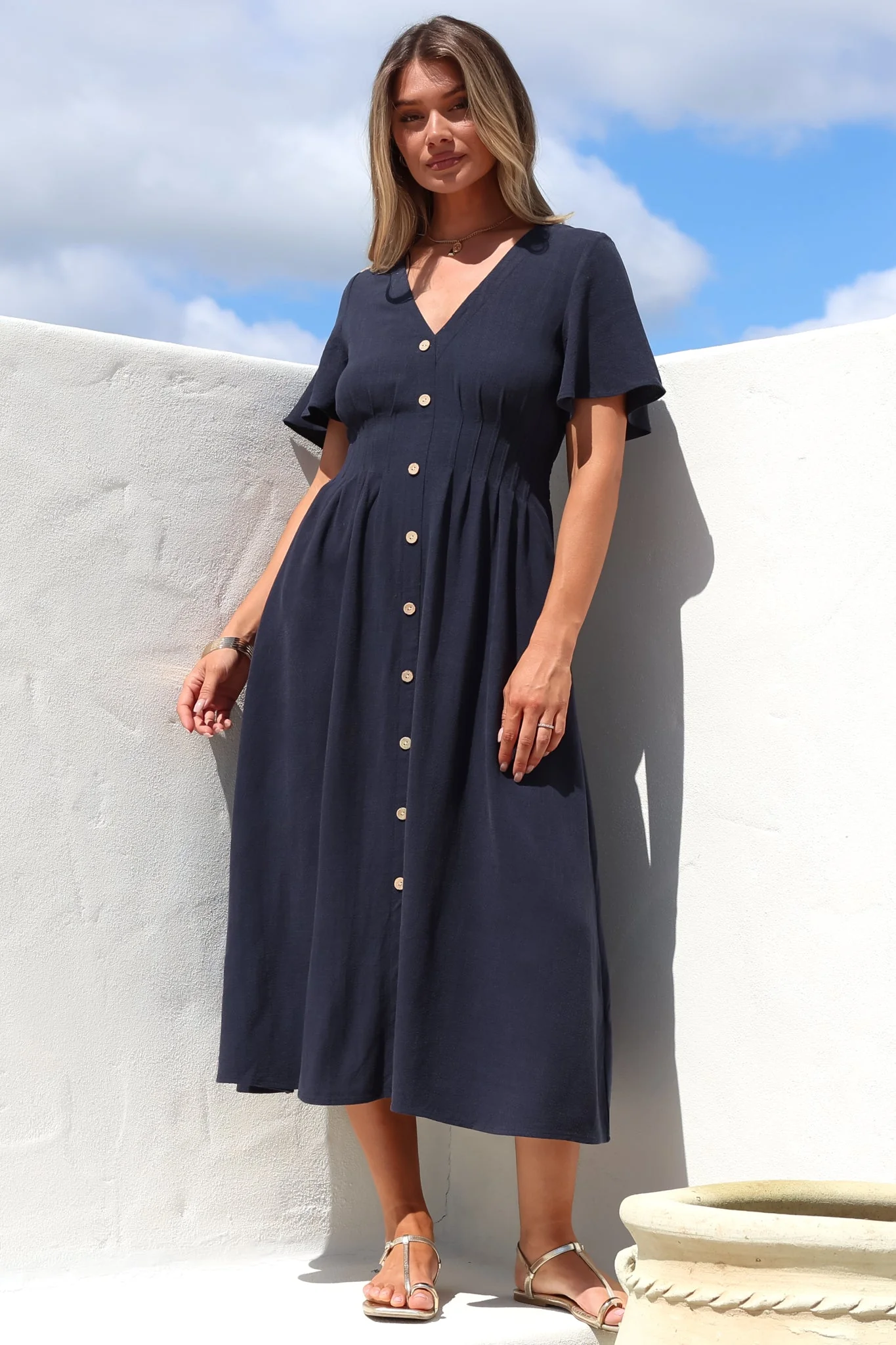 Stellar Midi Dress - Flutter Sleeve A-Line Dress with Pin Tuck Waist Detail in Navy - Image 4