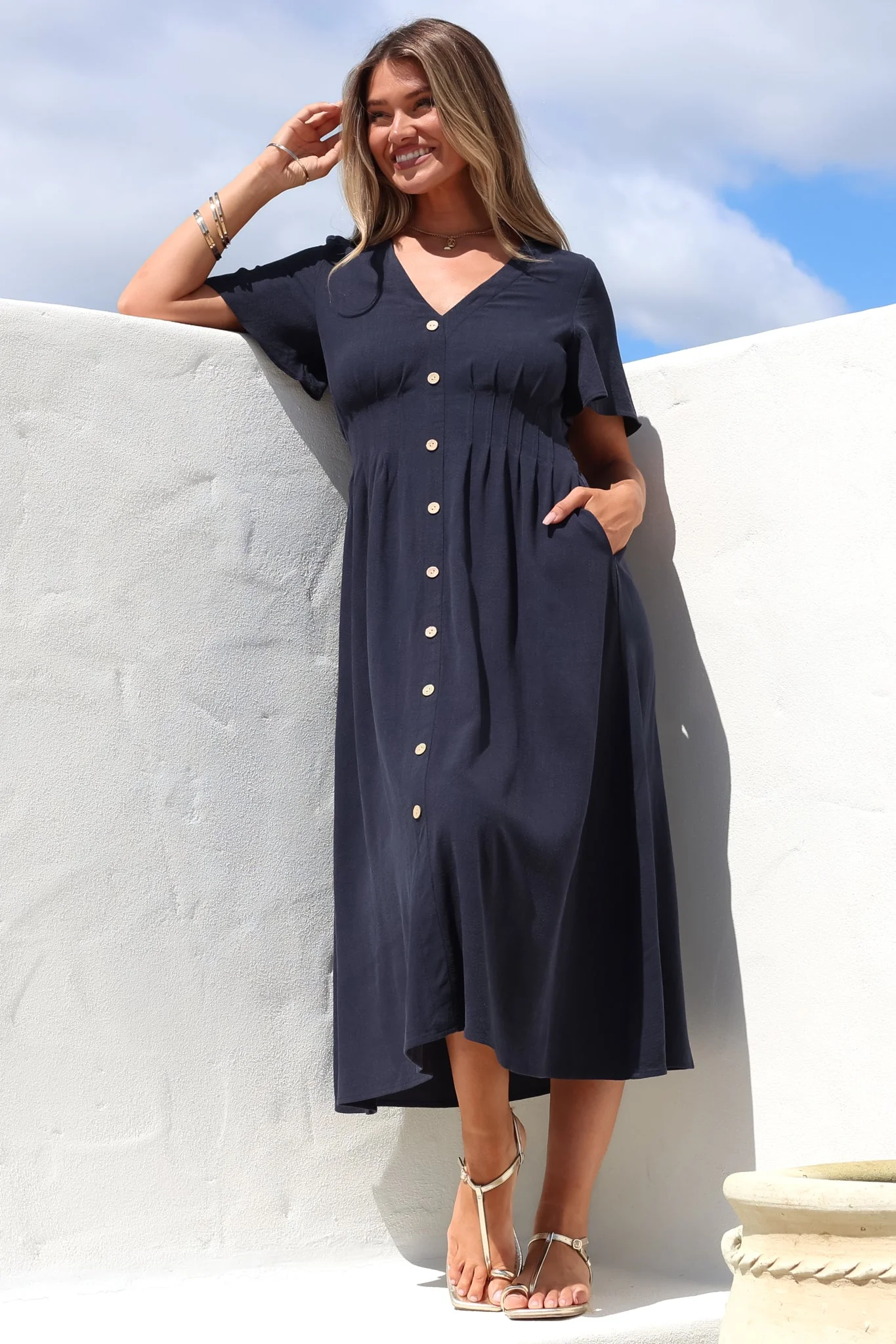 Stellar Midi Dress - Flutter Sleeve A-Line Dress with Pin Tuck Waist Detail in Navy - Image 6