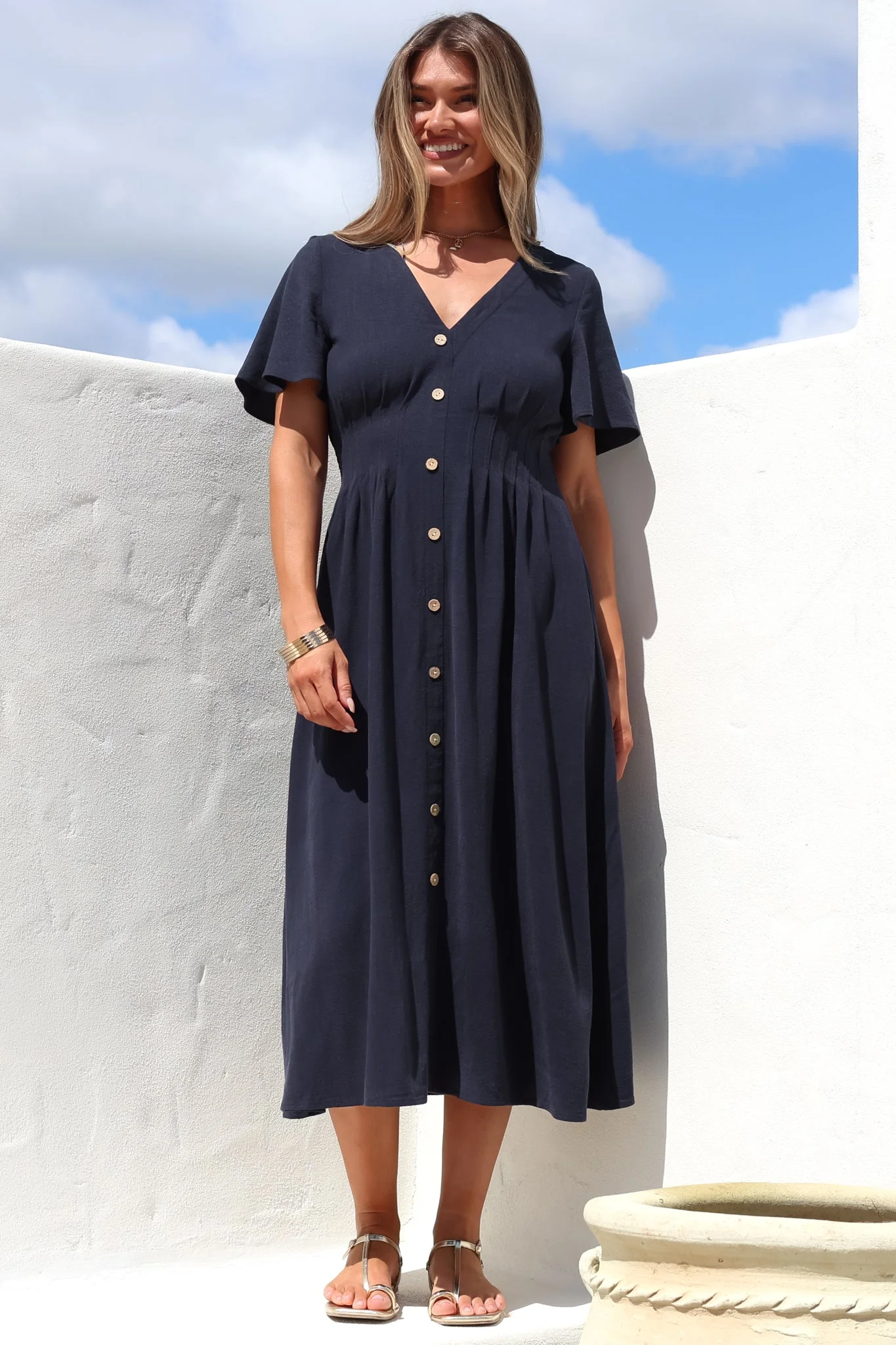 Stellar Midi Dress - Flutter Sleeve A-Line Dress with Pin Tuck Waist Detail in Navy - Image 7