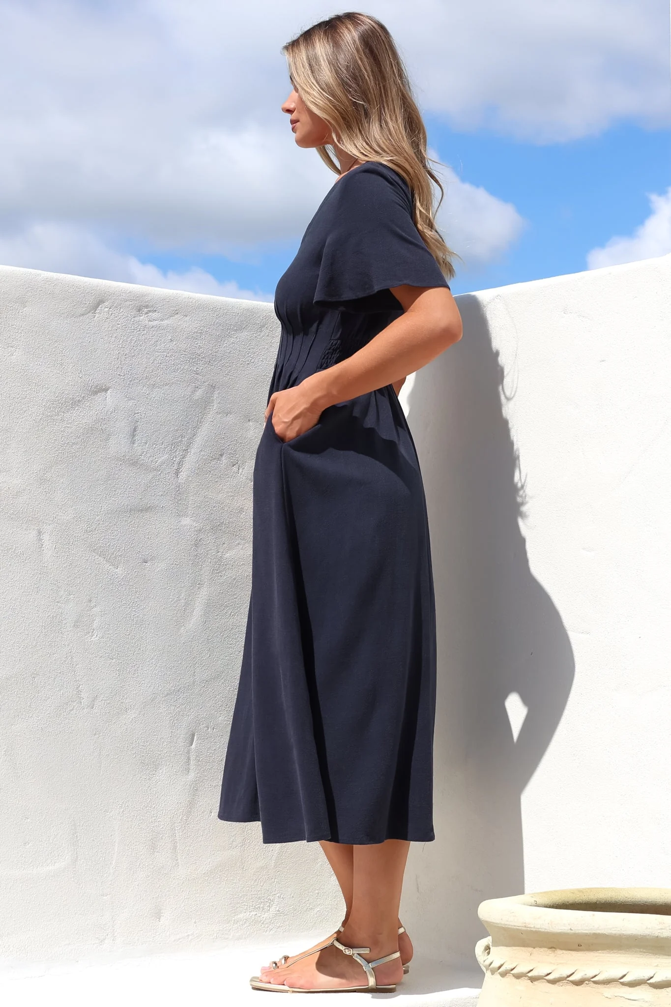 Stellar Midi Dress - Flutter Sleeve A-Line Dress with Pin Tuck Waist Detail in Navy - Image 8