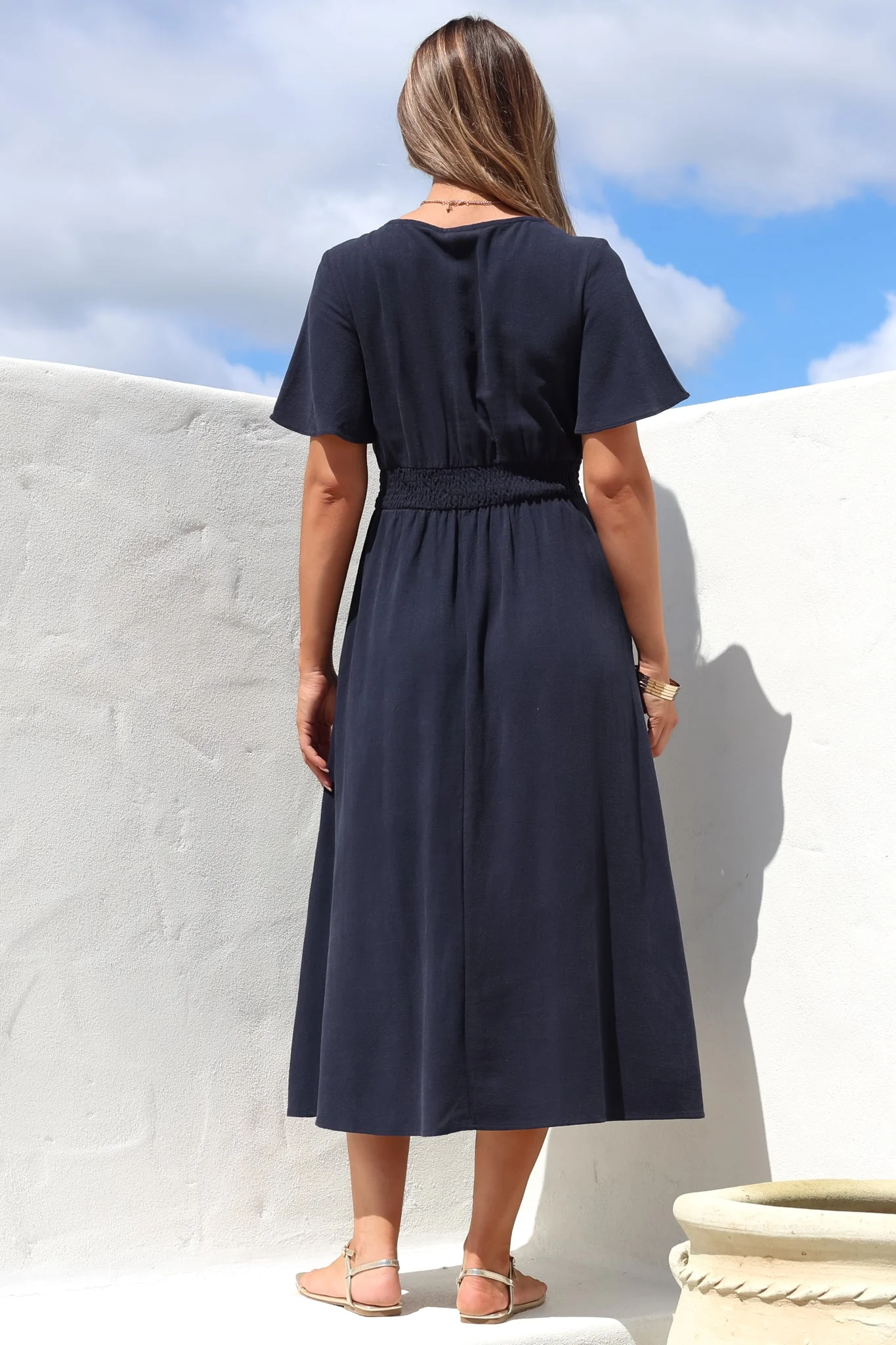 Stellar Midi Dress - Flutter Sleeve A-Line Dress with Pin Tuck Waist Detail in Navy - Image 9