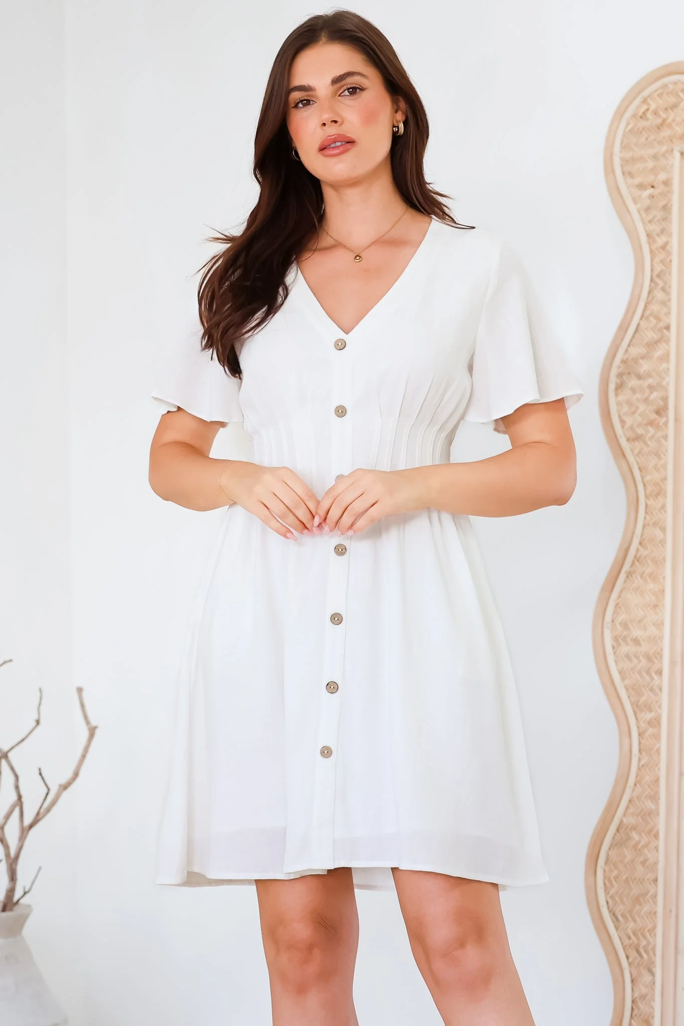 Stellar Mini Dress - Flutter Sleeve A-Line Dress with Pin Tuck Waist Detail in White - Image 3