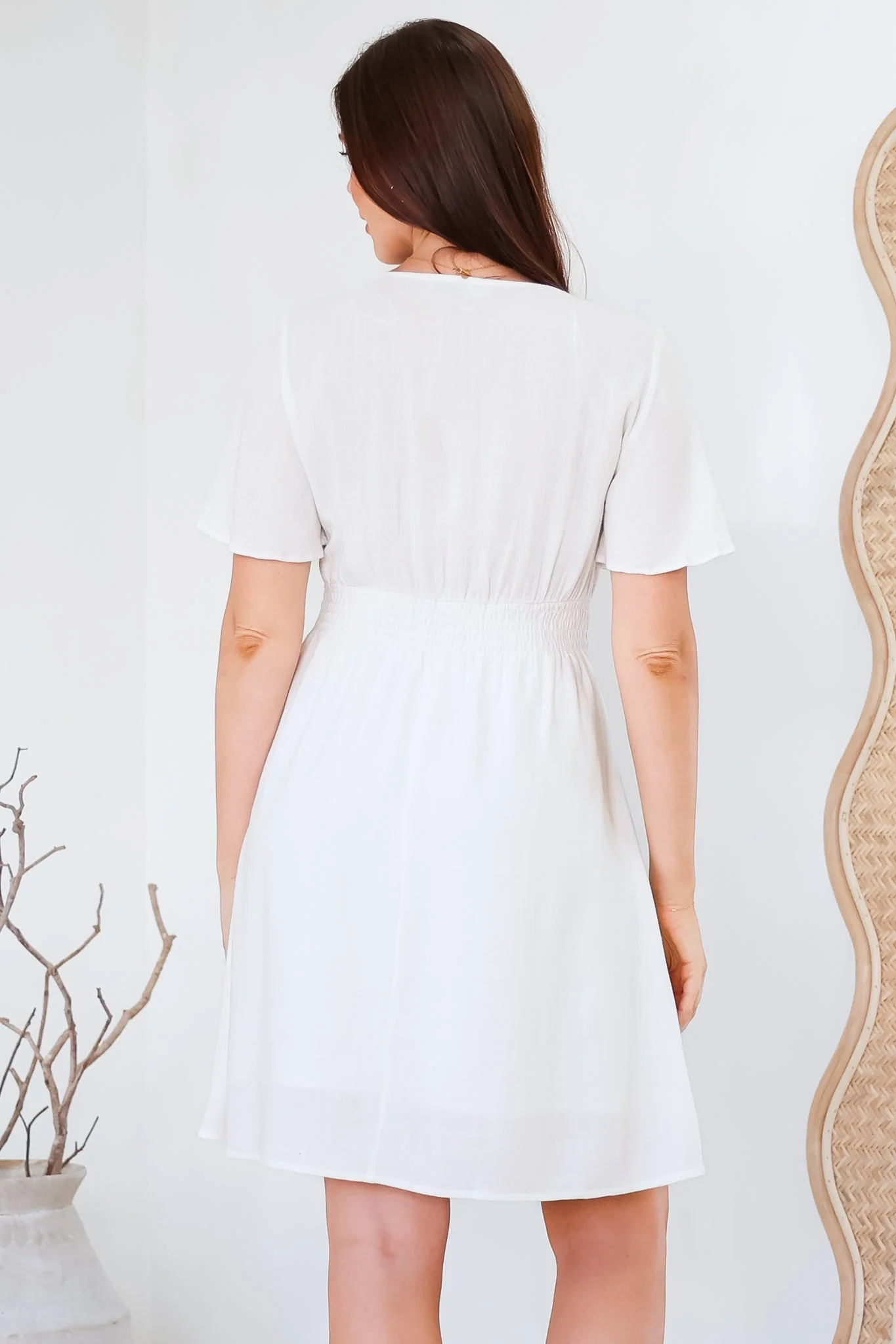 Stellar Mini Dress - Flutter Sleeve A-Line Dress with Pin Tuck Waist Detail in White - Image 8