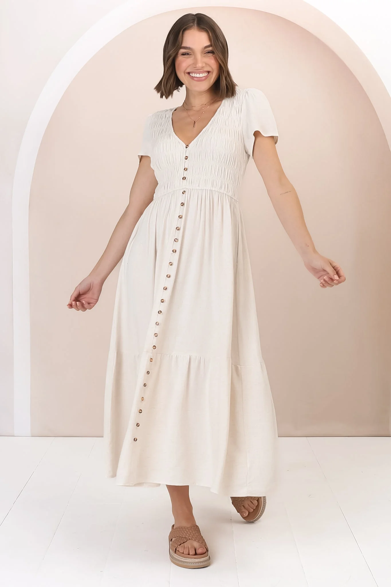 Stephan Midi Dress - Cap Sleeve Tortoiseshell Button-Down Tiered Dress in Cream - Image 3