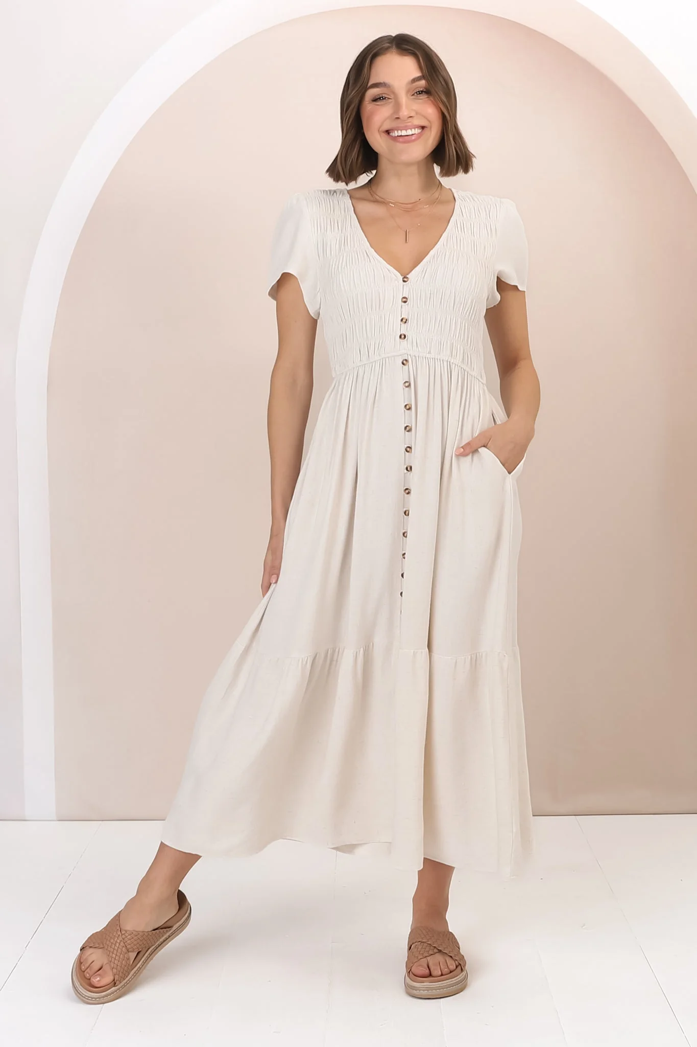 Stephan Midi Dress - Cap Sleeve Tortoiseshell Button-Down Tiered Dress in Cream - Image 4