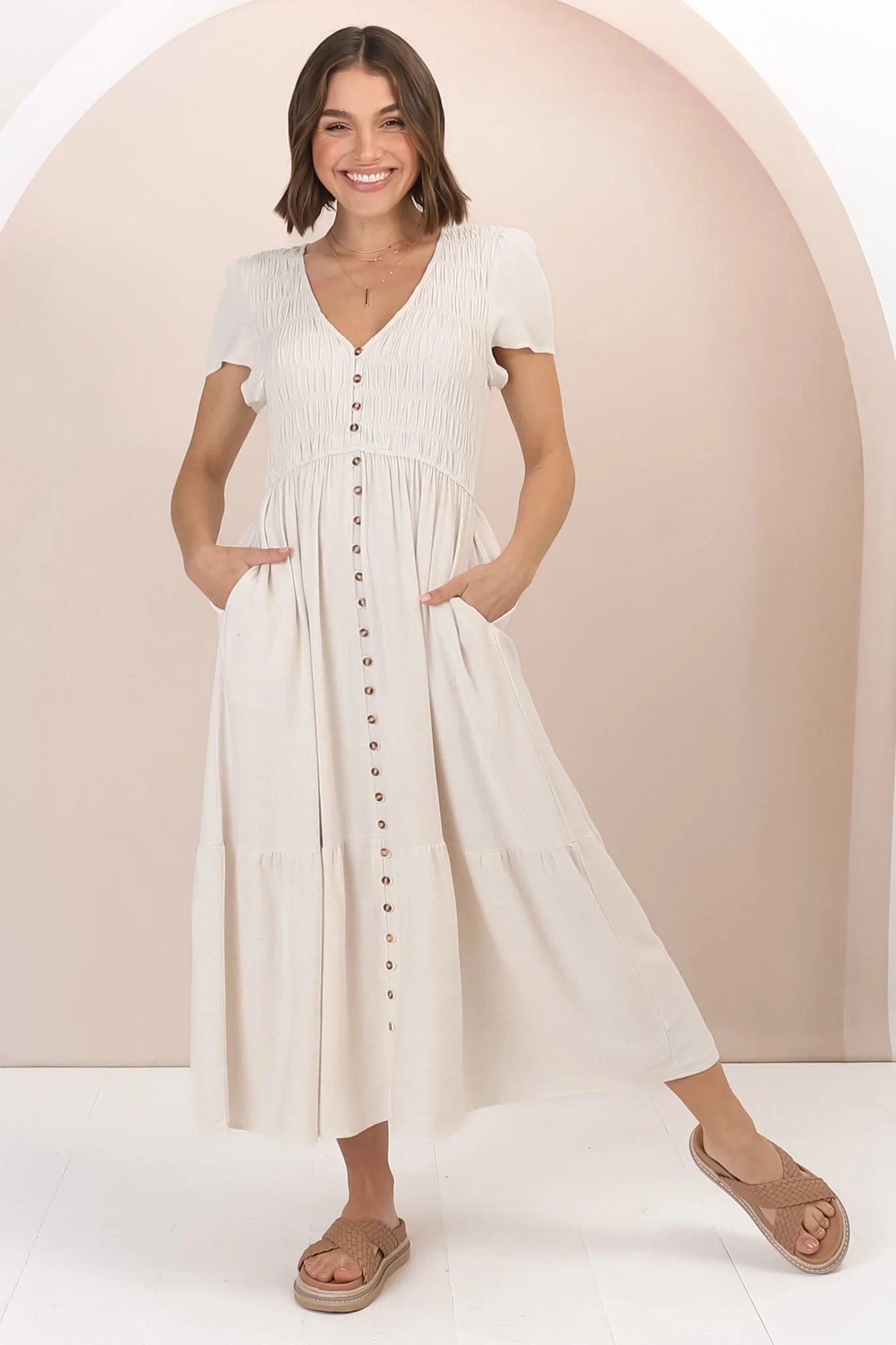 Stephan Midi Dress - Cap Sleeve Tortoiseshell Button-Down Tiered Dress in Cream - Image 5