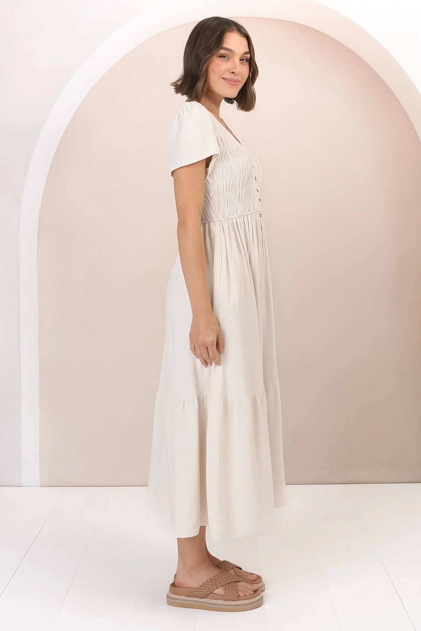Stephan Midi Dress - Cap Sleeve Tortoiseshell Button-Down Tiered Dress in Cream - Image 6