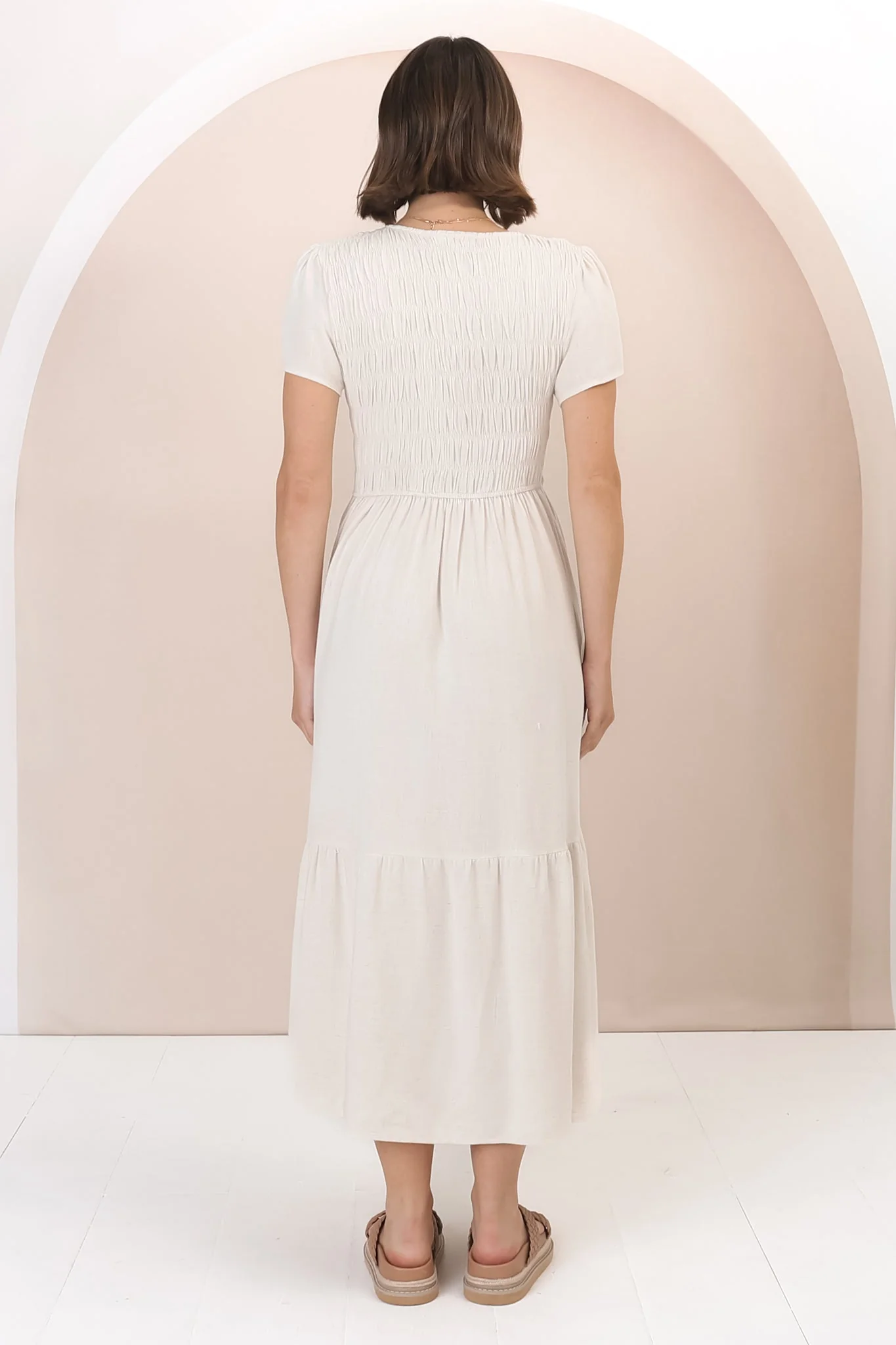 Stephan Midi Dress - Cap Sleeve Tortoiseshell Button-Down Tiered Dress in Cream - Image 7