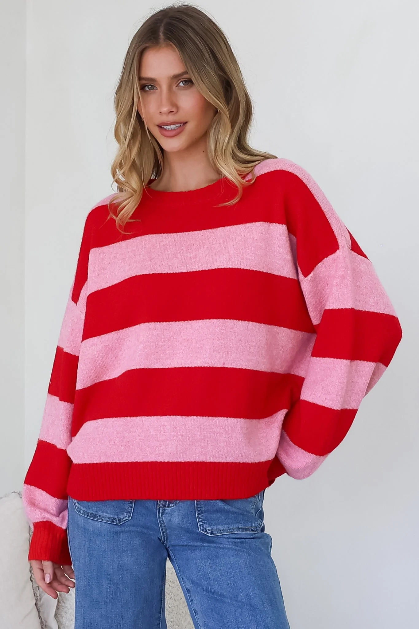 Sumner Jumper - Crew Neck Stripe Knit with Ribbed Hemlines in Red - Image 3