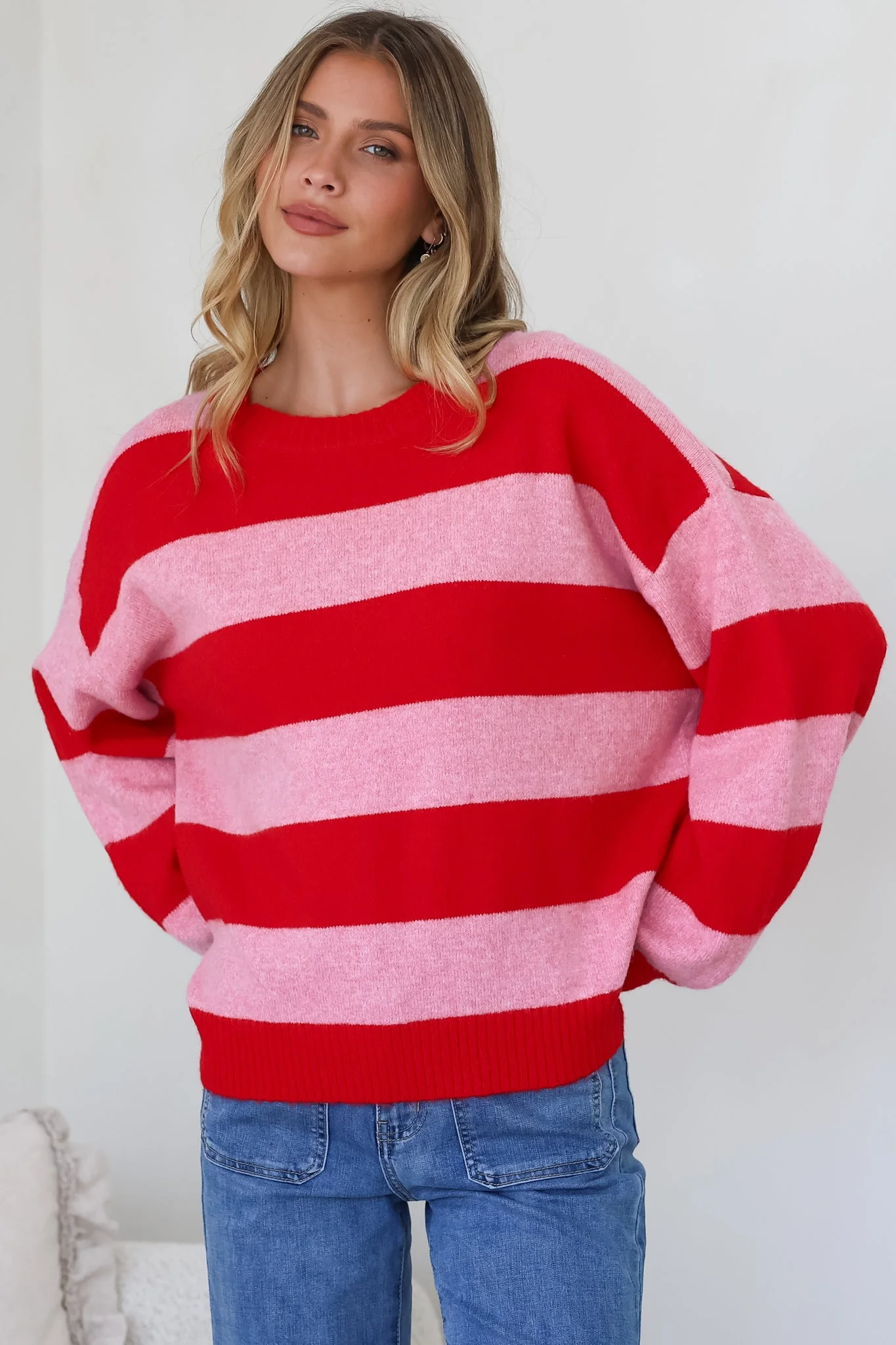 Sumner Jumper - Crew Neck Stripe Knit with Ribbed Hemlines in Red - Image 4