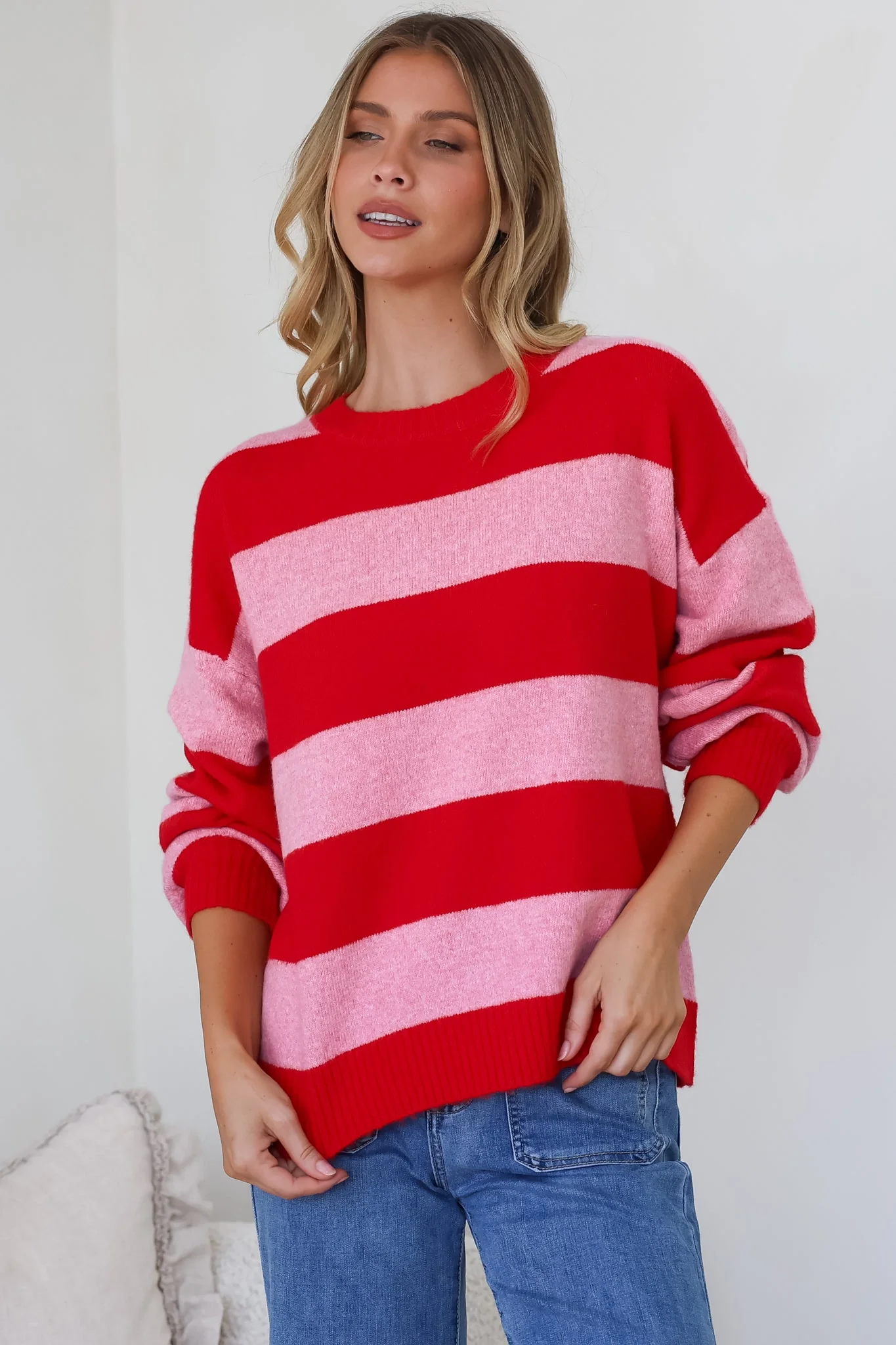 Sumner Jumper - Crew Neck Stripe Knit with Ribbed Hemlines in Red - Image 5