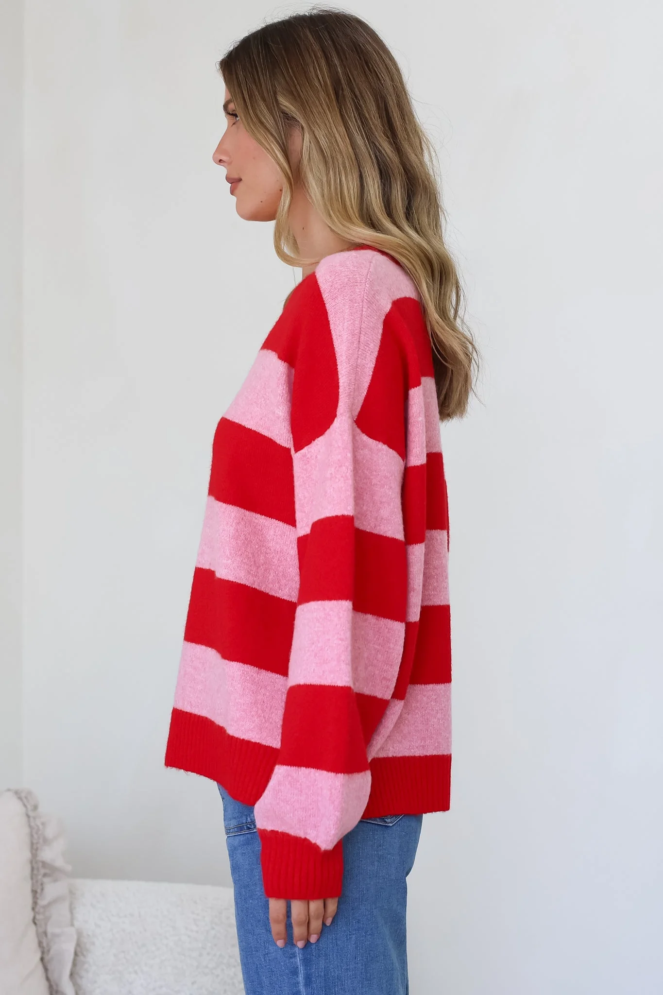 Sumner Jumper - Crew Neck Stripe Knit with Ribbed Hemlines in Red - Image 7
