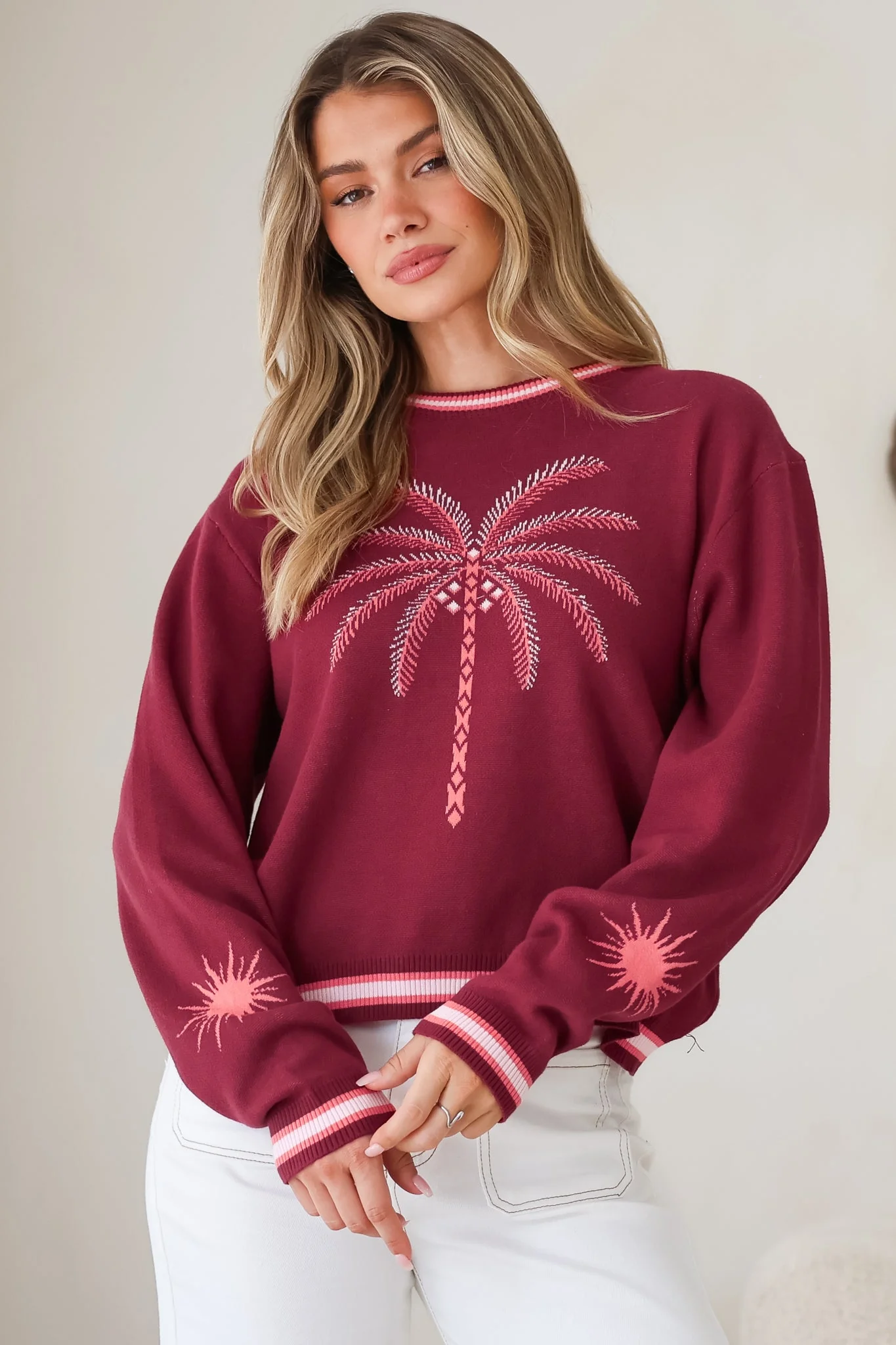 Sunnie Jumper - Crew Neck Palm Graphic Knit Jumper in Wine