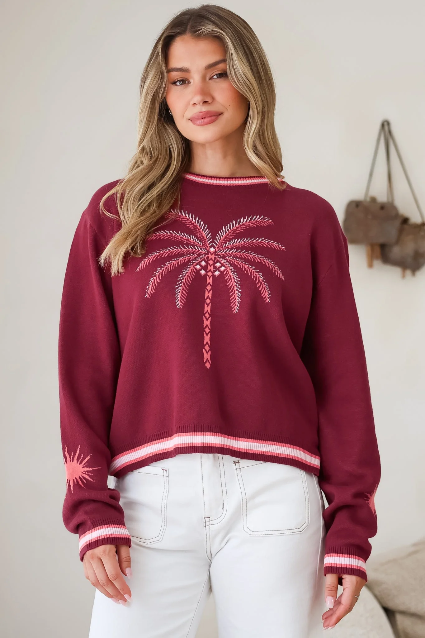 Sunnie Jumper - Crew Neck Palm Graphic Knit Jumper in Wine - Image 2