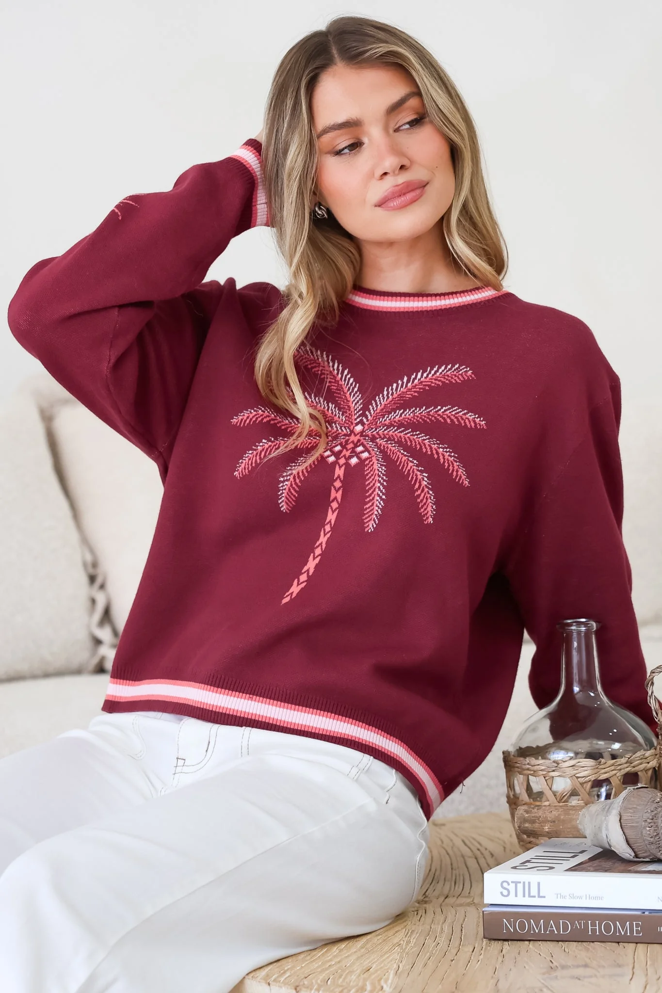 Sunnie Jumper - Crew Neck Palm Graphic Knit Jumper in Wine - Image 3