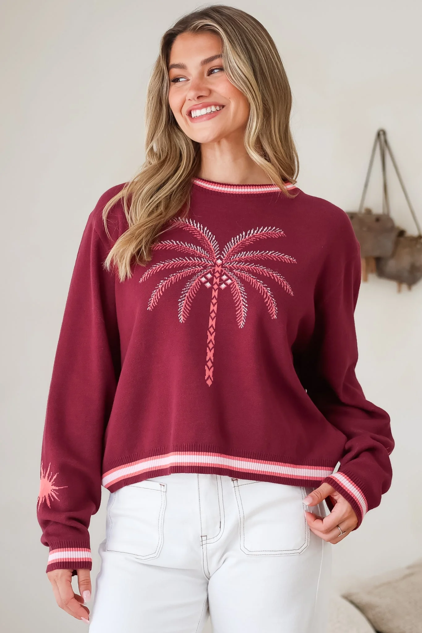 Sunnie Jumper - Crew Neck Palm Graphic Knit Jumper in Wine - Image 5