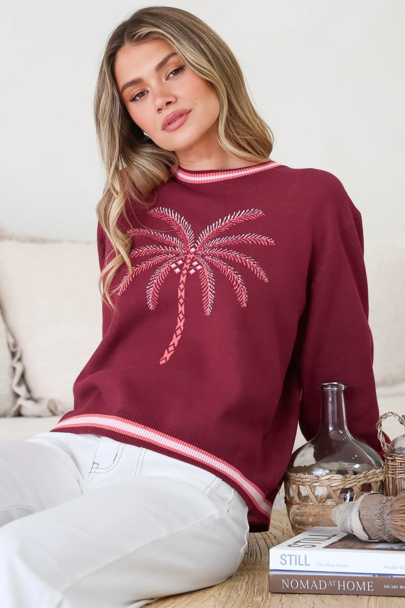 Sunnie Jumper - Crew Neck Palm Graphic Knit Jumper in Wine - Image 6