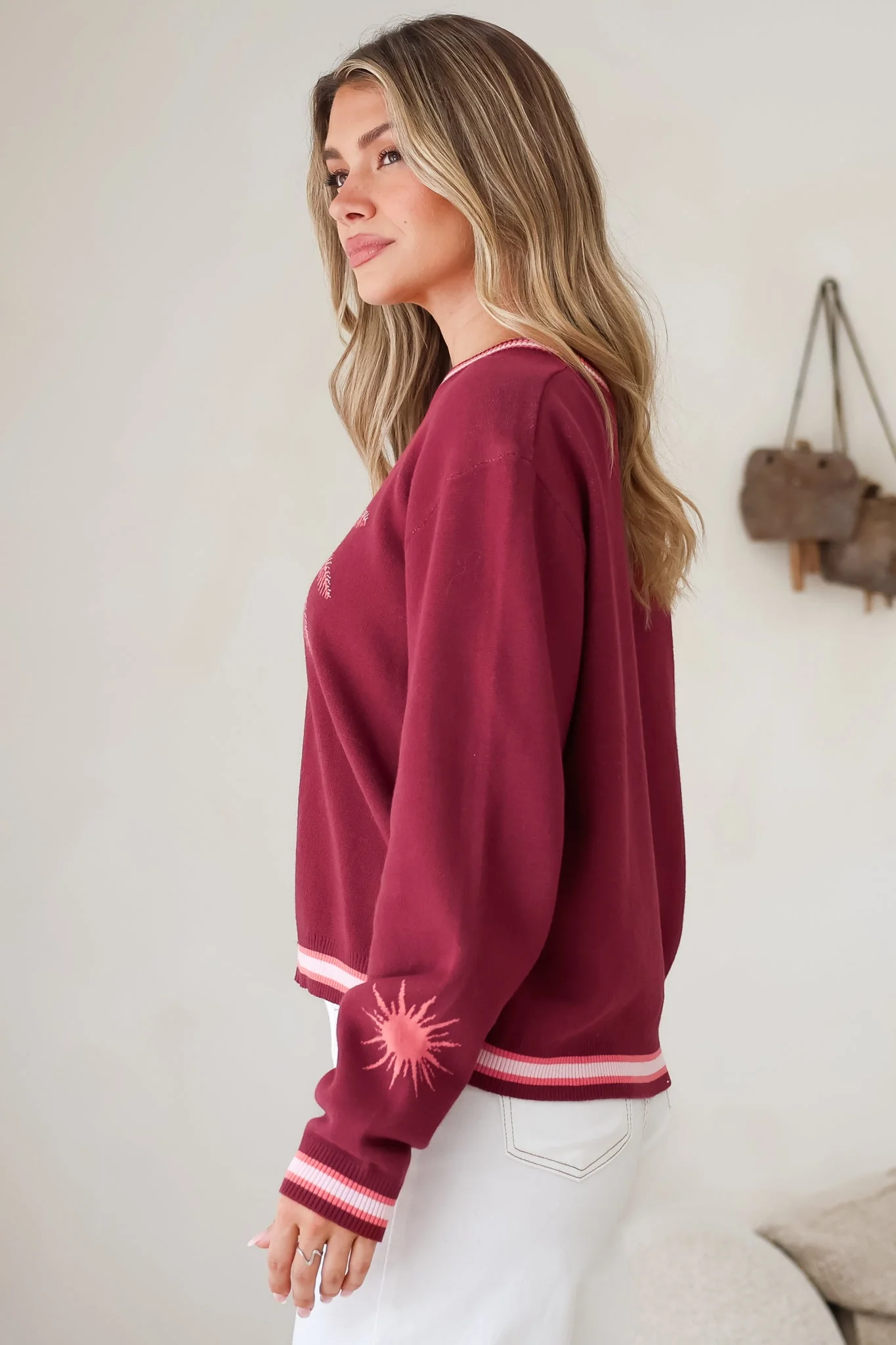 Sunnie Jumper - Crew Neck Palm Graphic Knit Jumper in Wine - Image 7