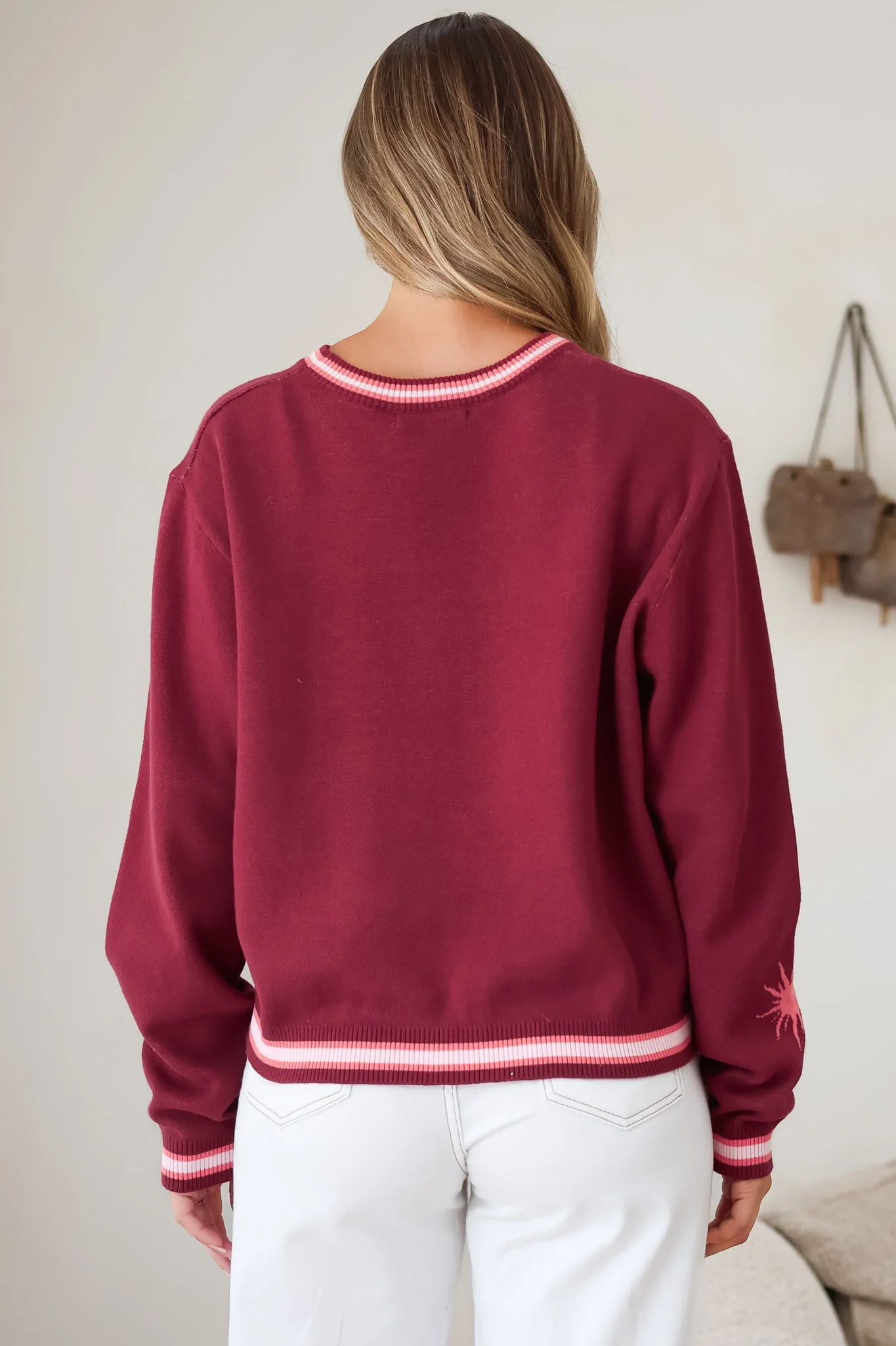 Sunnie Jumper - Crew Neck Palm Graphic Knit Jumper in Wine - Image 8