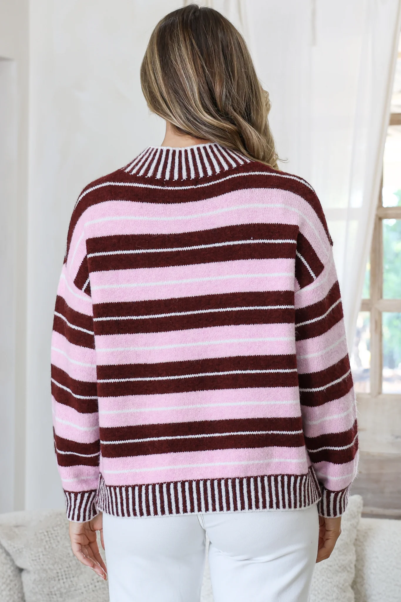 Sylvan Jumper - Mock Neck Striped Ribbed Hem Knit in Pink/Wine - Image 6