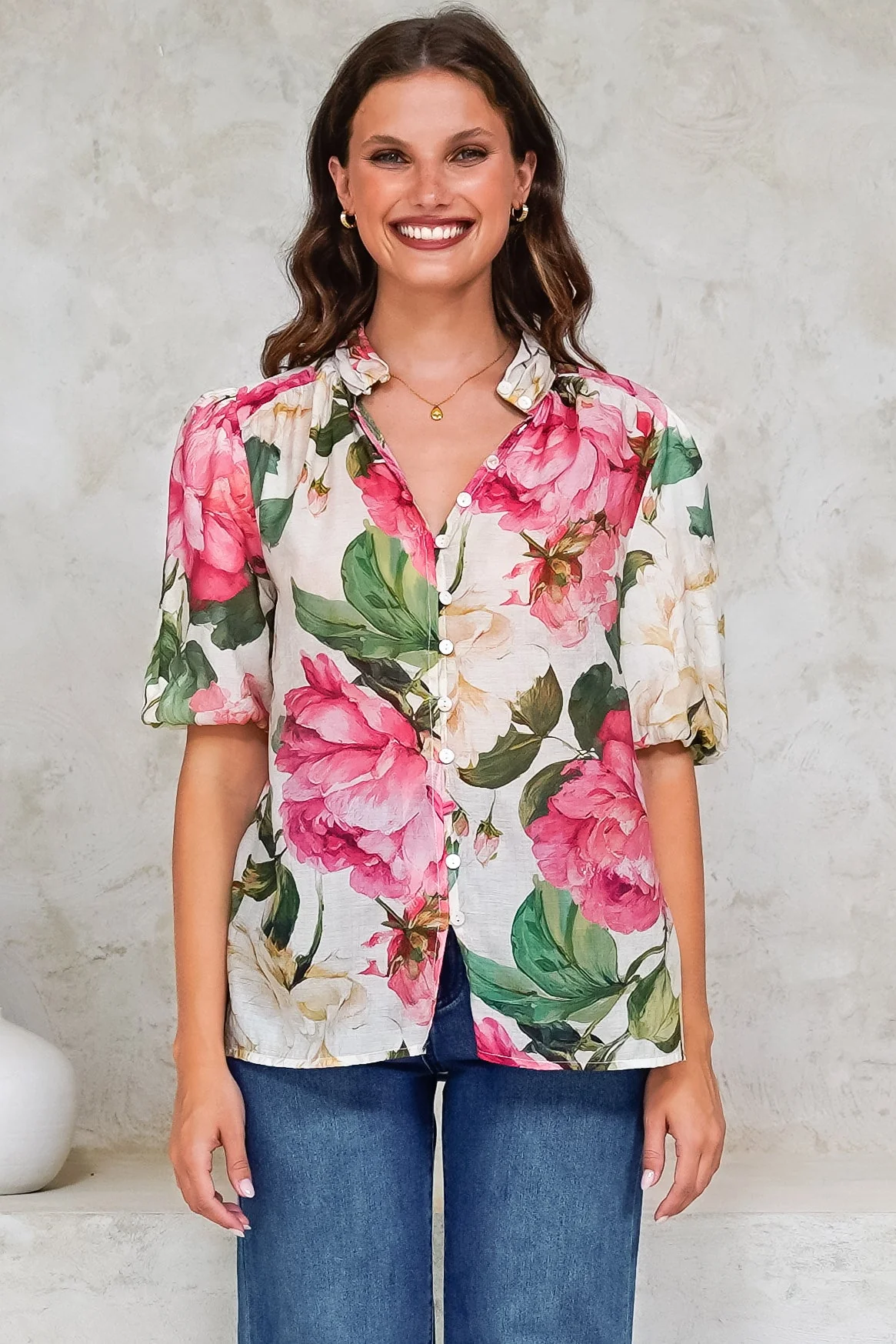 Sylvie Blouse - Pleated Mandarin Collar Button Front Short Sleeve Blouse in Primrose Print Pink - Image 2