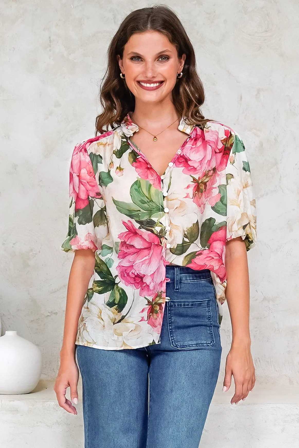 Sylvie Blouse - Pleated Mandarin Collar Button Front Short Sleeve Blouse in Primrose Print Pink - Image 4