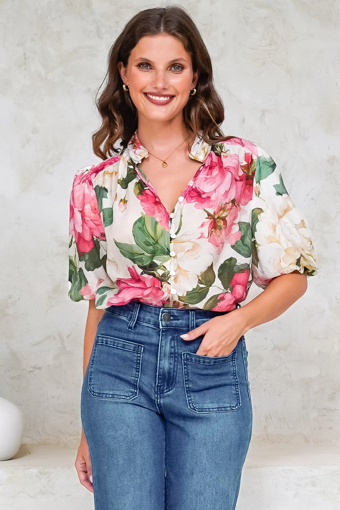 Sylvie Blouse - Pleated Mandarin Collar Button Front Short Sleeve Blouse in Primrose Print Pink - Image 6