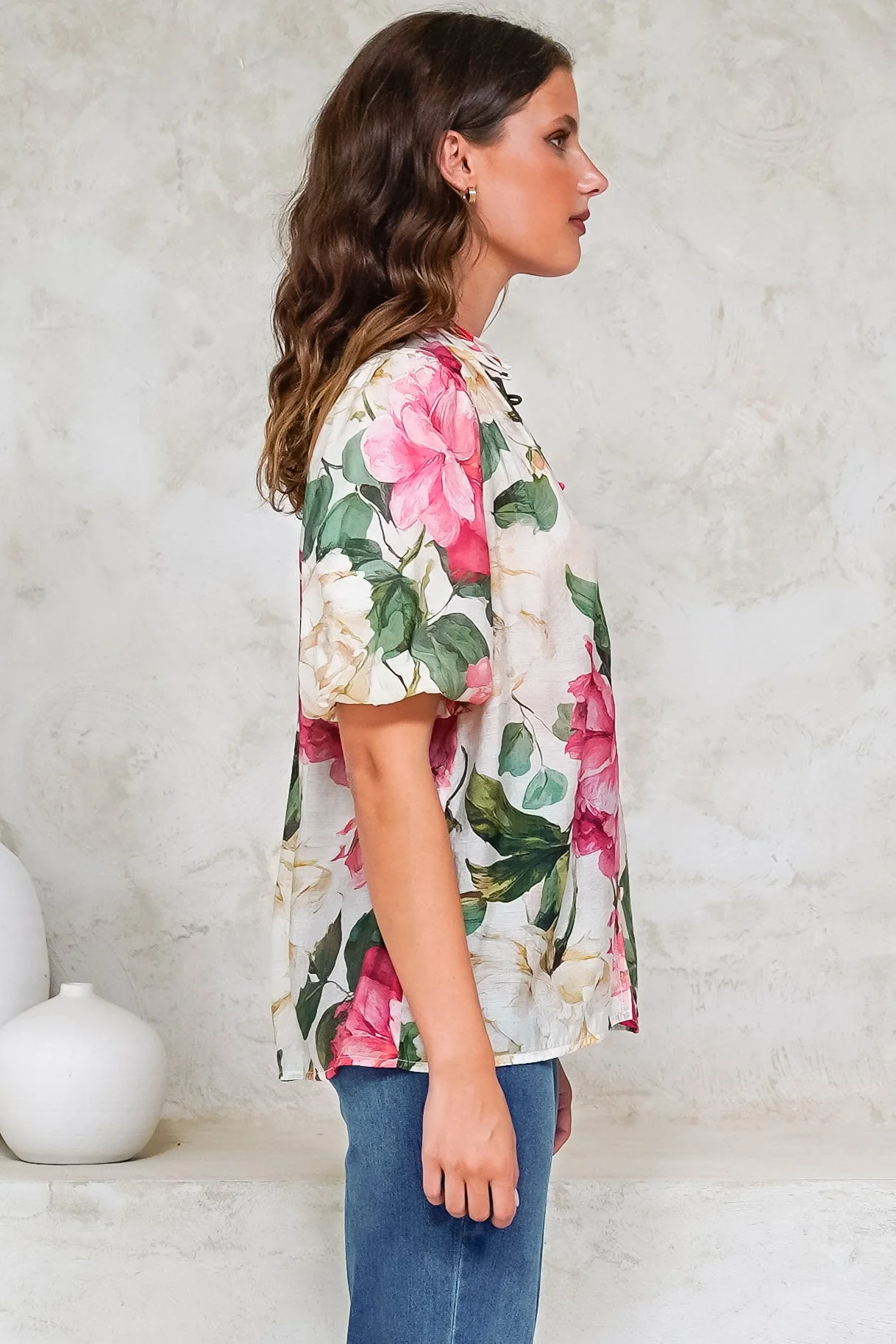 Sylvie Blouse - Pleated Mandarin Collar Button Front Short Sleeve Blouse in Primrose Print Pink - Image 8